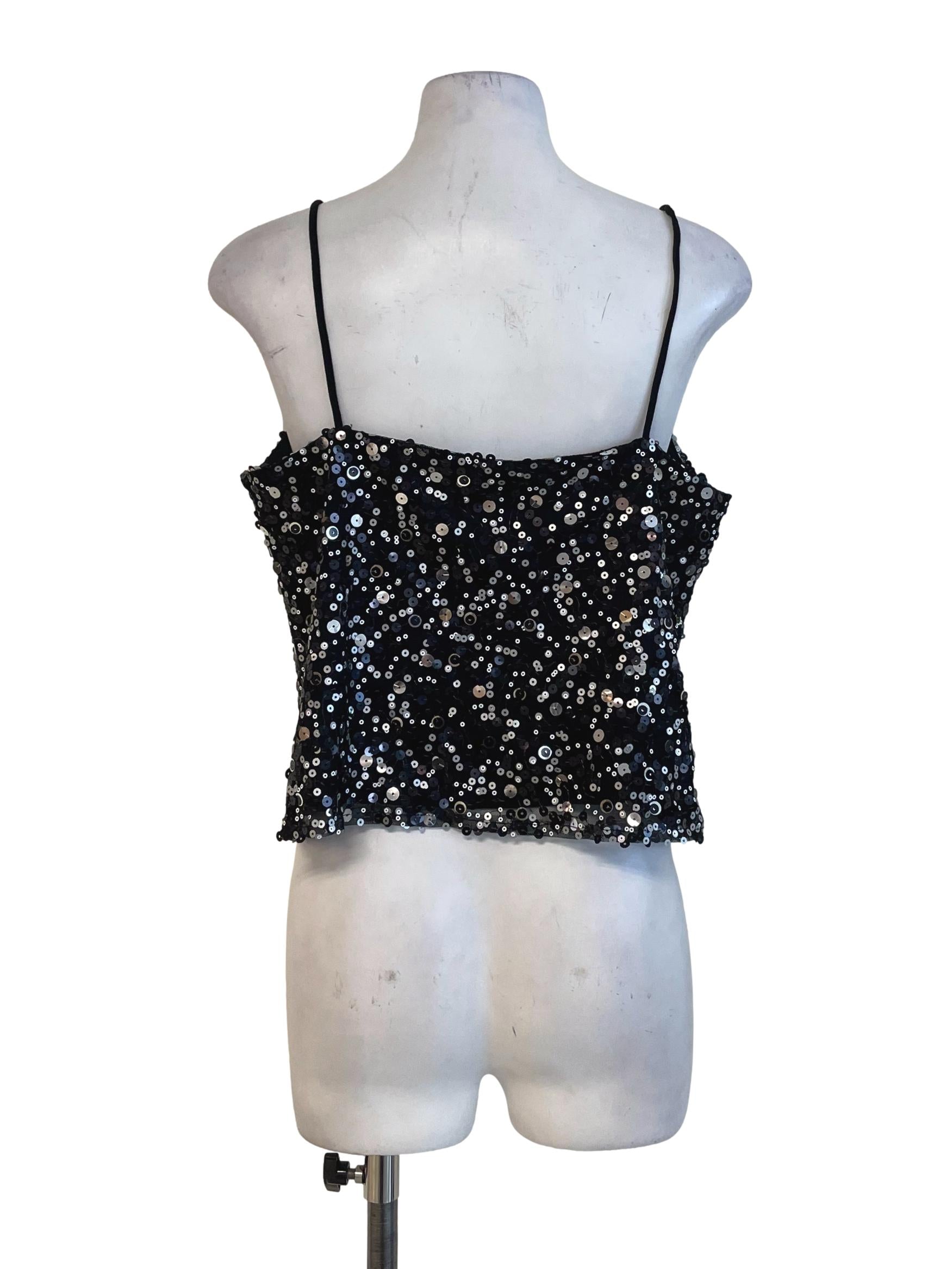 Black Sequin V Neck Top LB