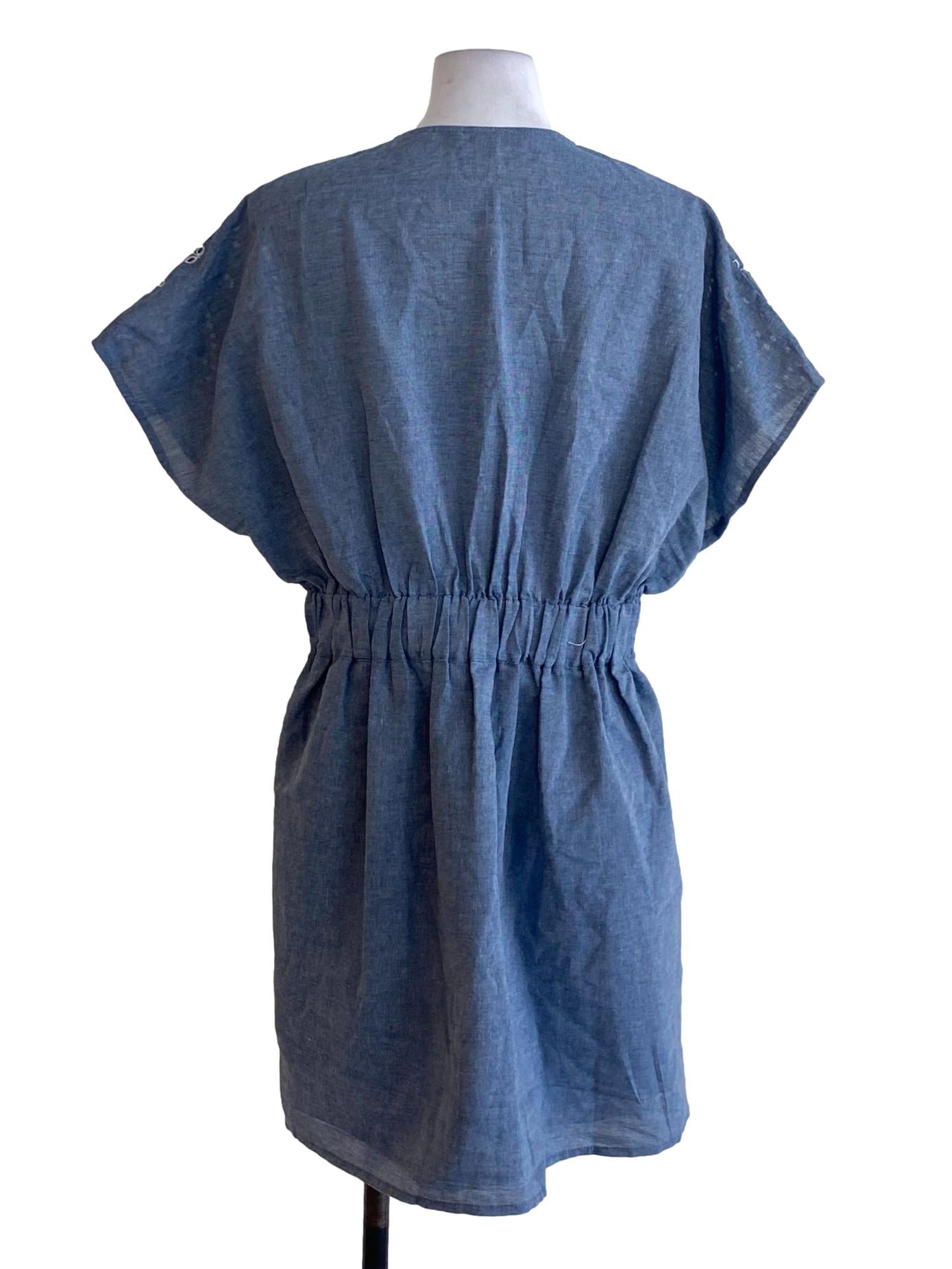 Stone Blue Embroidered Detail V-Neck Blouson Dress