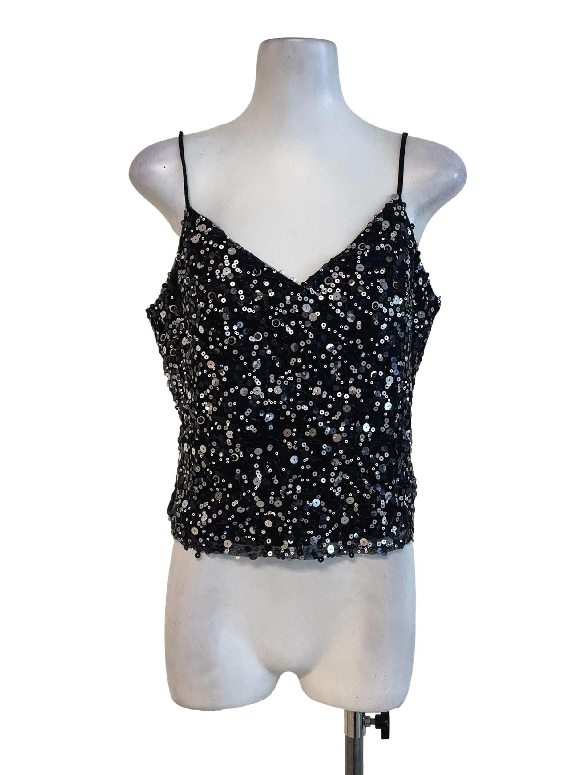 Black Sequin V Neck Top LB