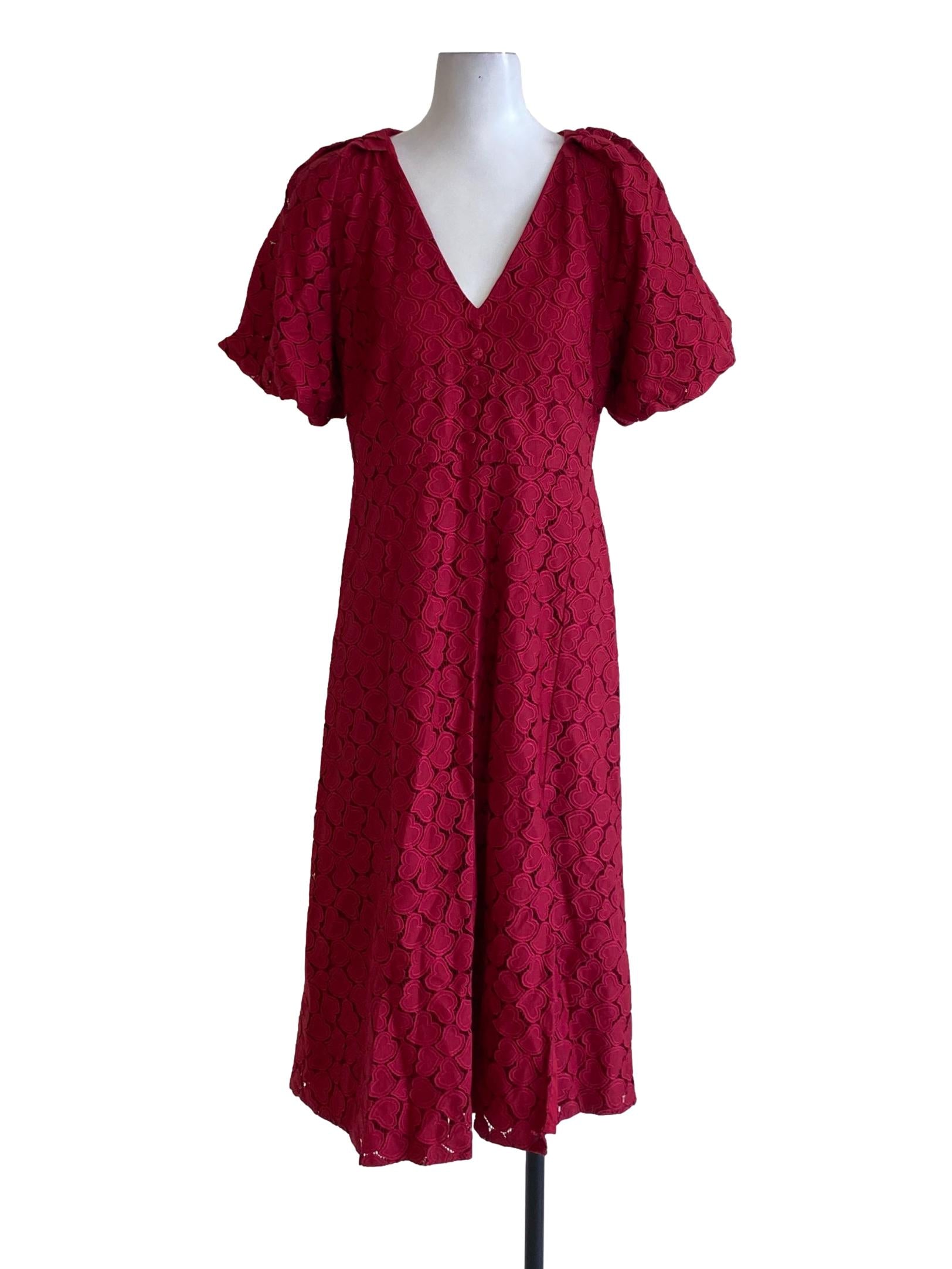 Ruby Red Heart Lace V-Neck Buttoned Down A-Line Dress