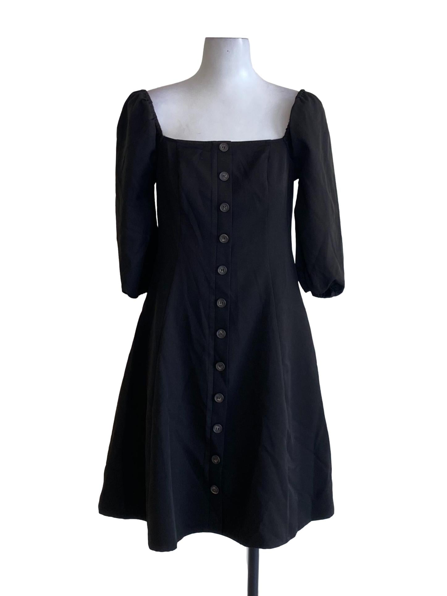 Coal Black Square Neck Buttoned Down A-Line Dress
