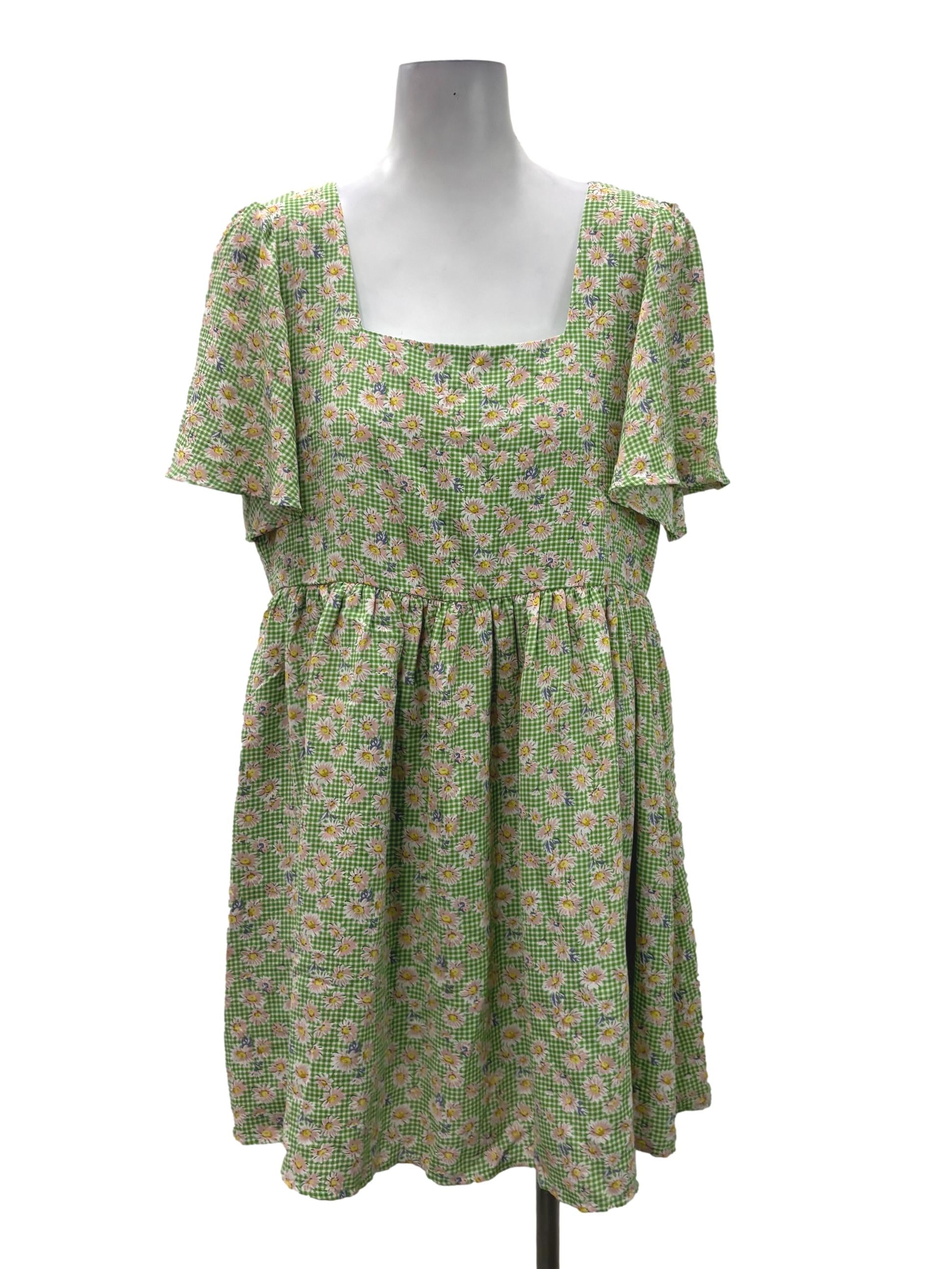 Light Green Square Neck Gingham Floral Dress