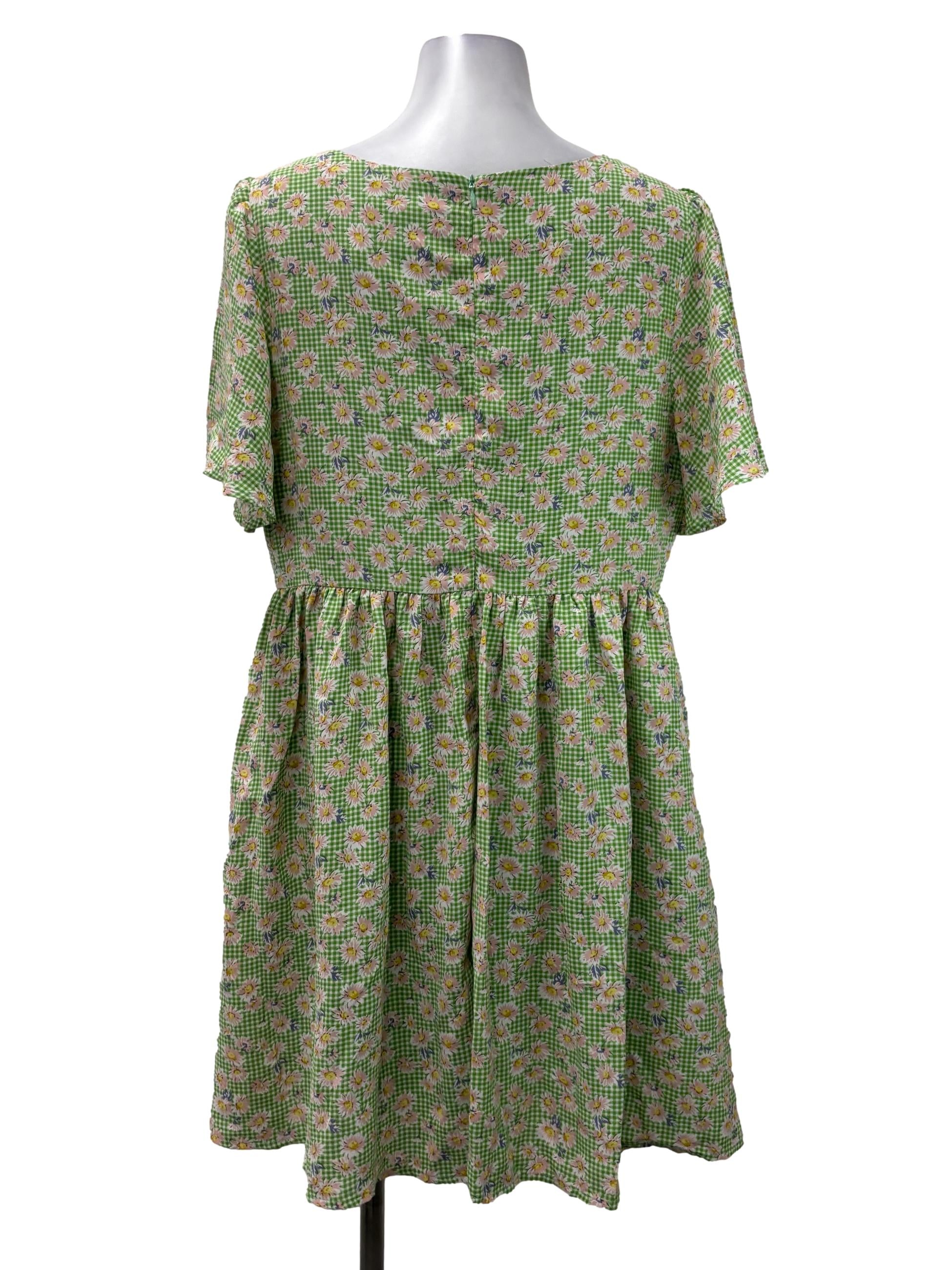 Light Green Square Neck Gingham Floral Dress