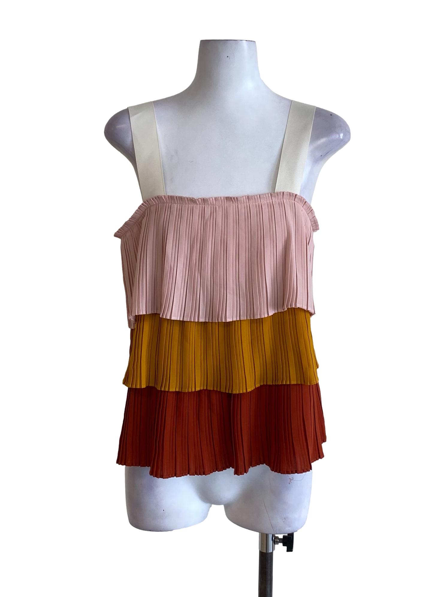 Crepe Pink Colour Block Square Neck Pleated Layered Top