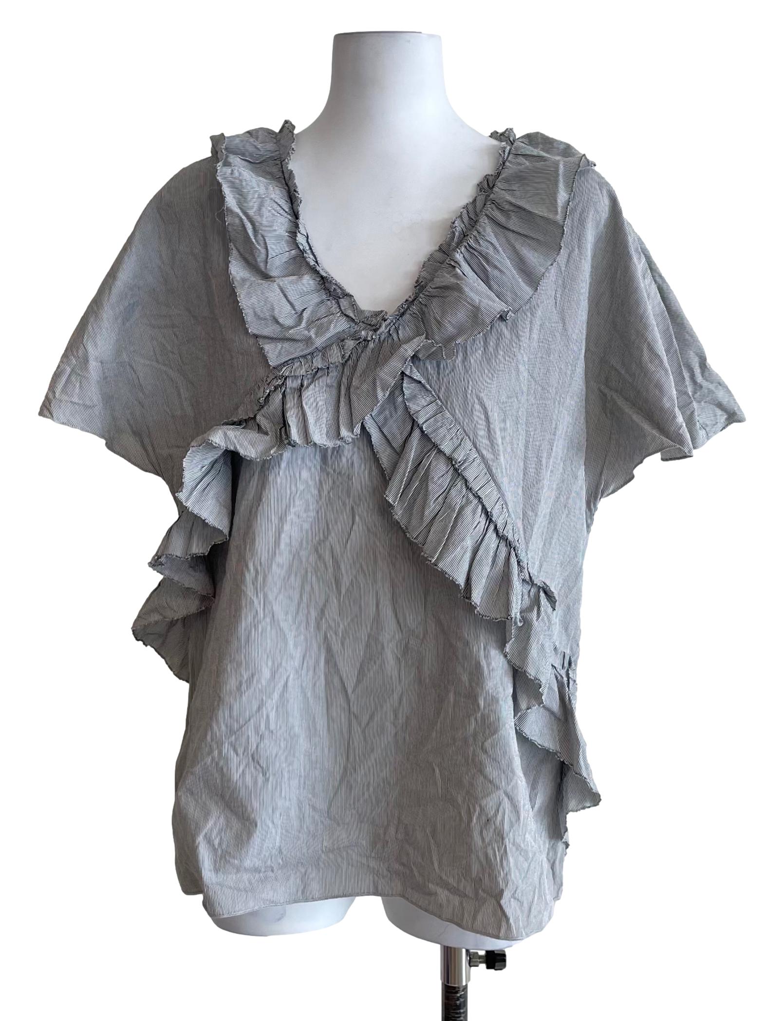 Grey Pinstripe Ruffled Top