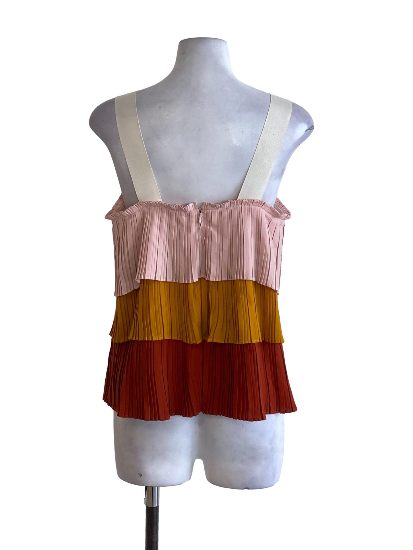 Crepe Pink Colour Block Square Neck Pleated Layered Top