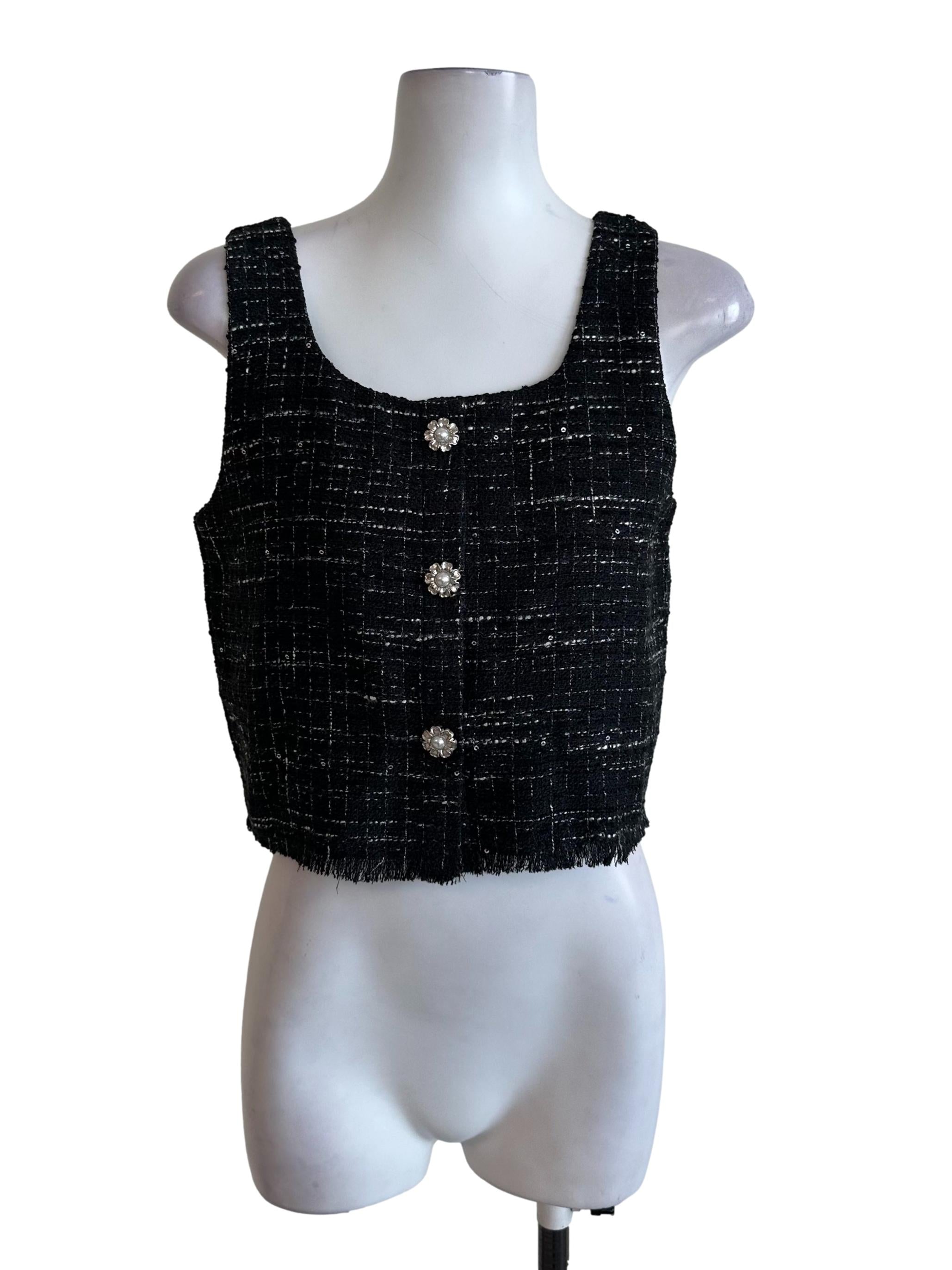 Onyx Black Tweed Textured Button Top