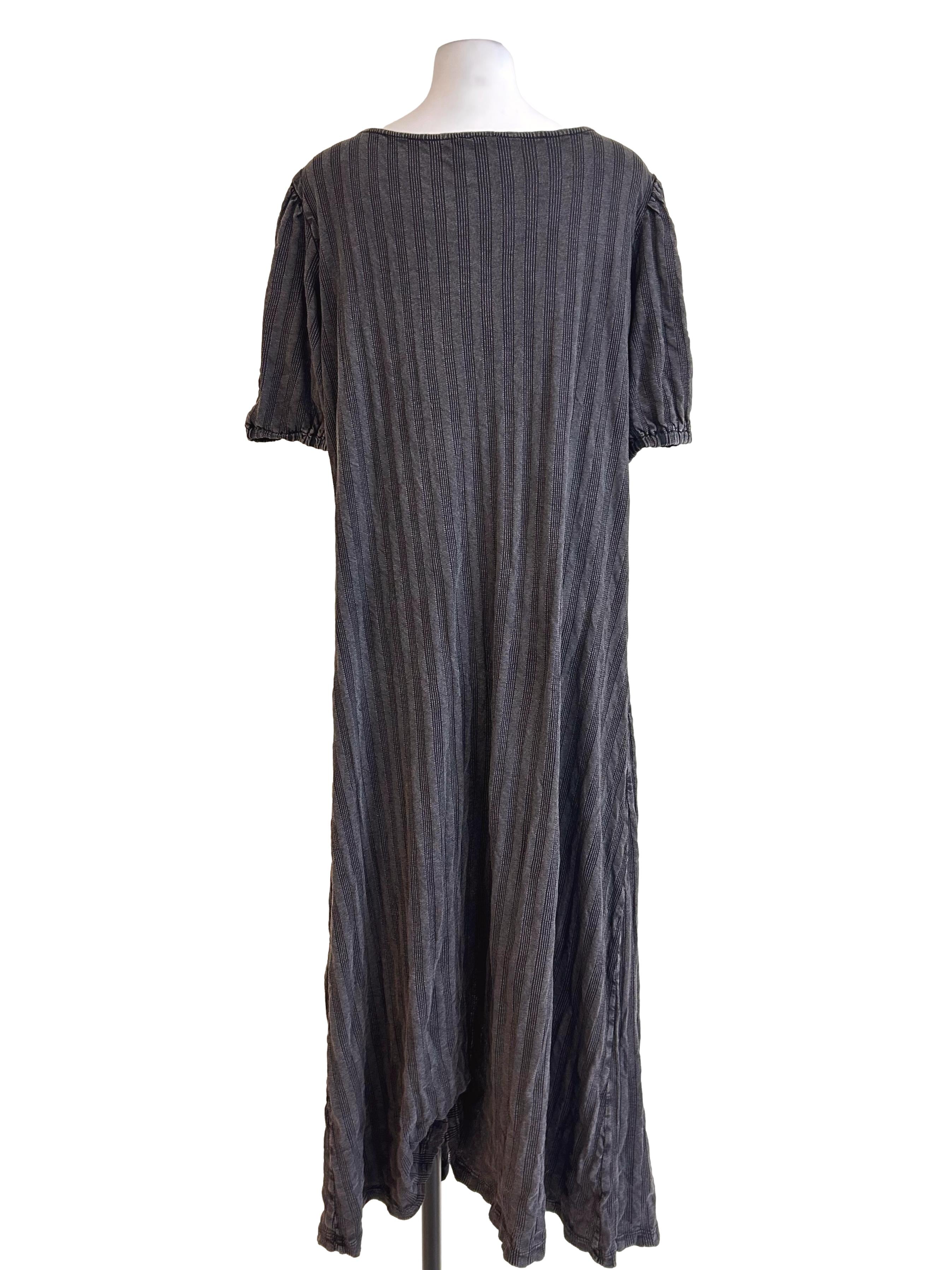 Charcoal Grey Puff Sleeve Striped Dress