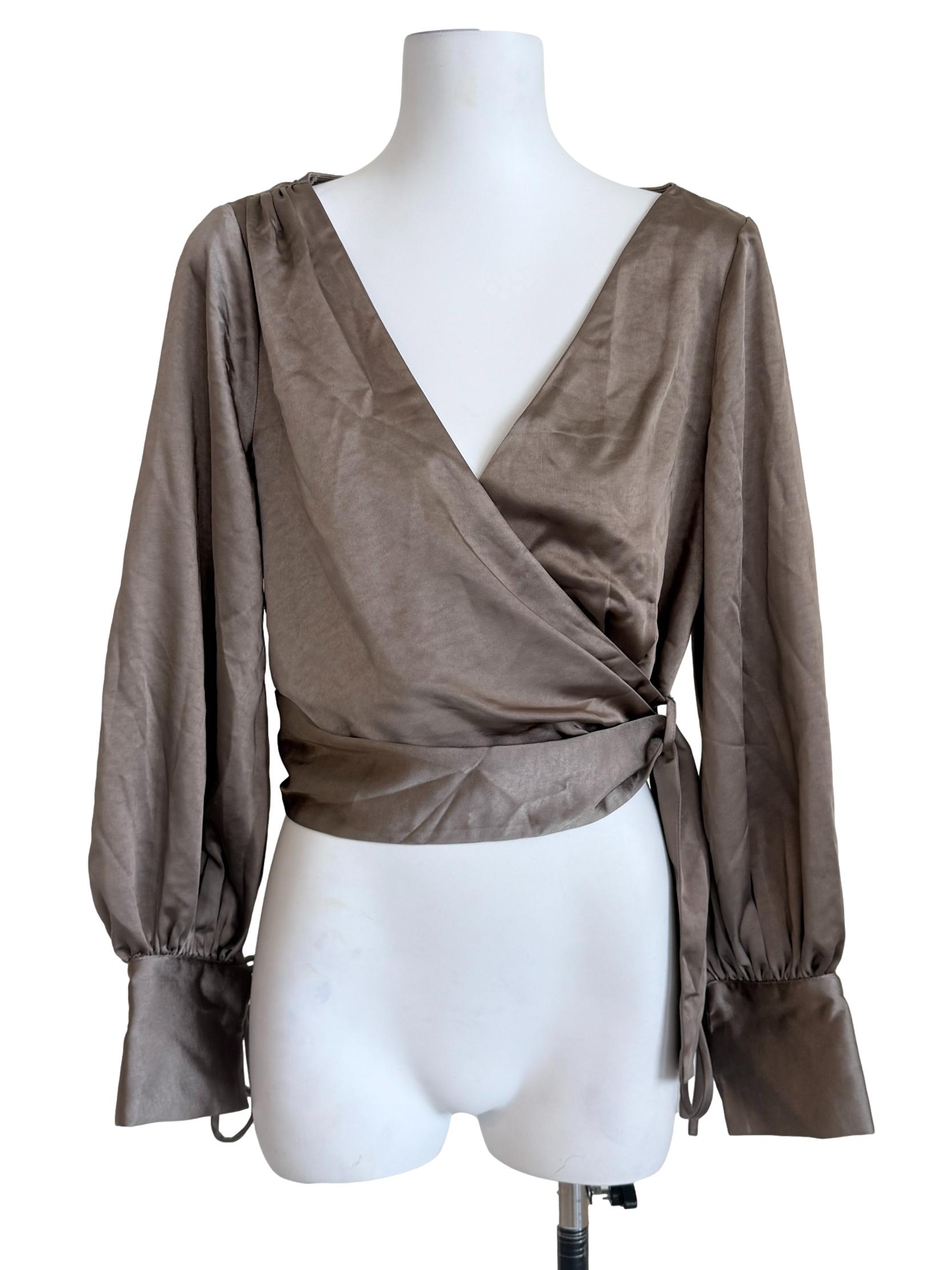 Coffee Brown Satin Wrap Top