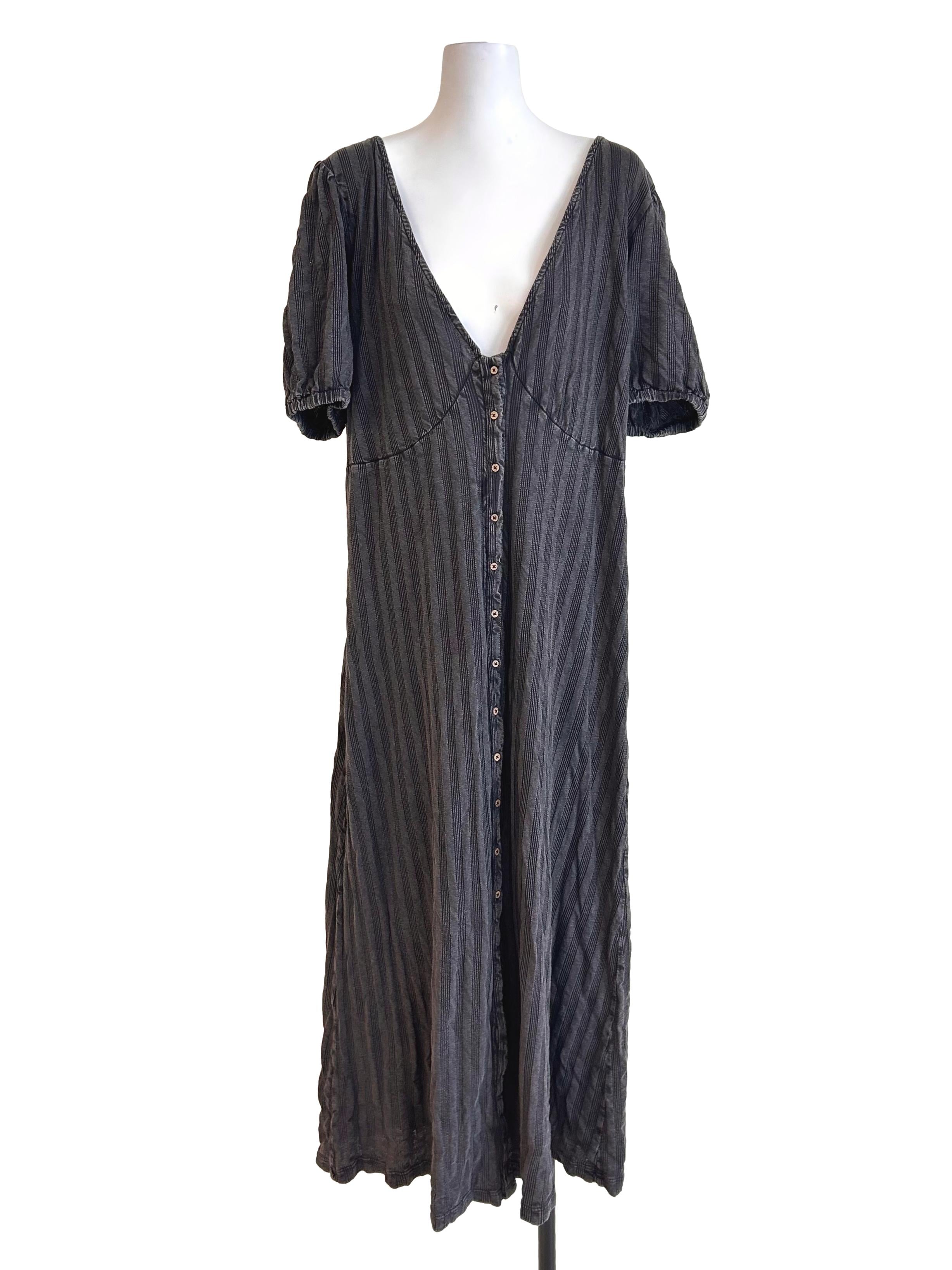 Charcoal Grey Puff Sleeve Striped Dress