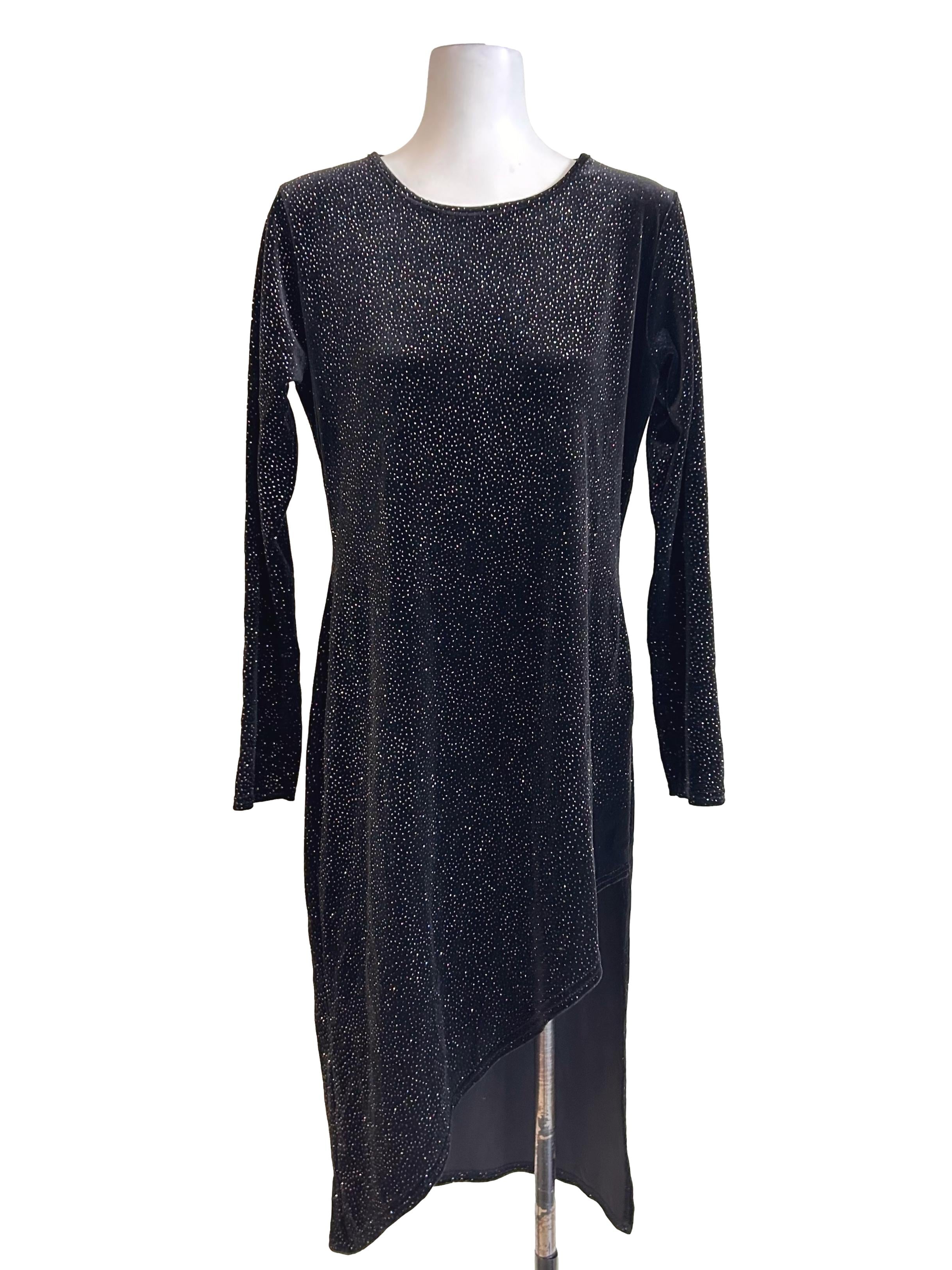 Black Sparkly Asymmetric Long Sleeve Dress