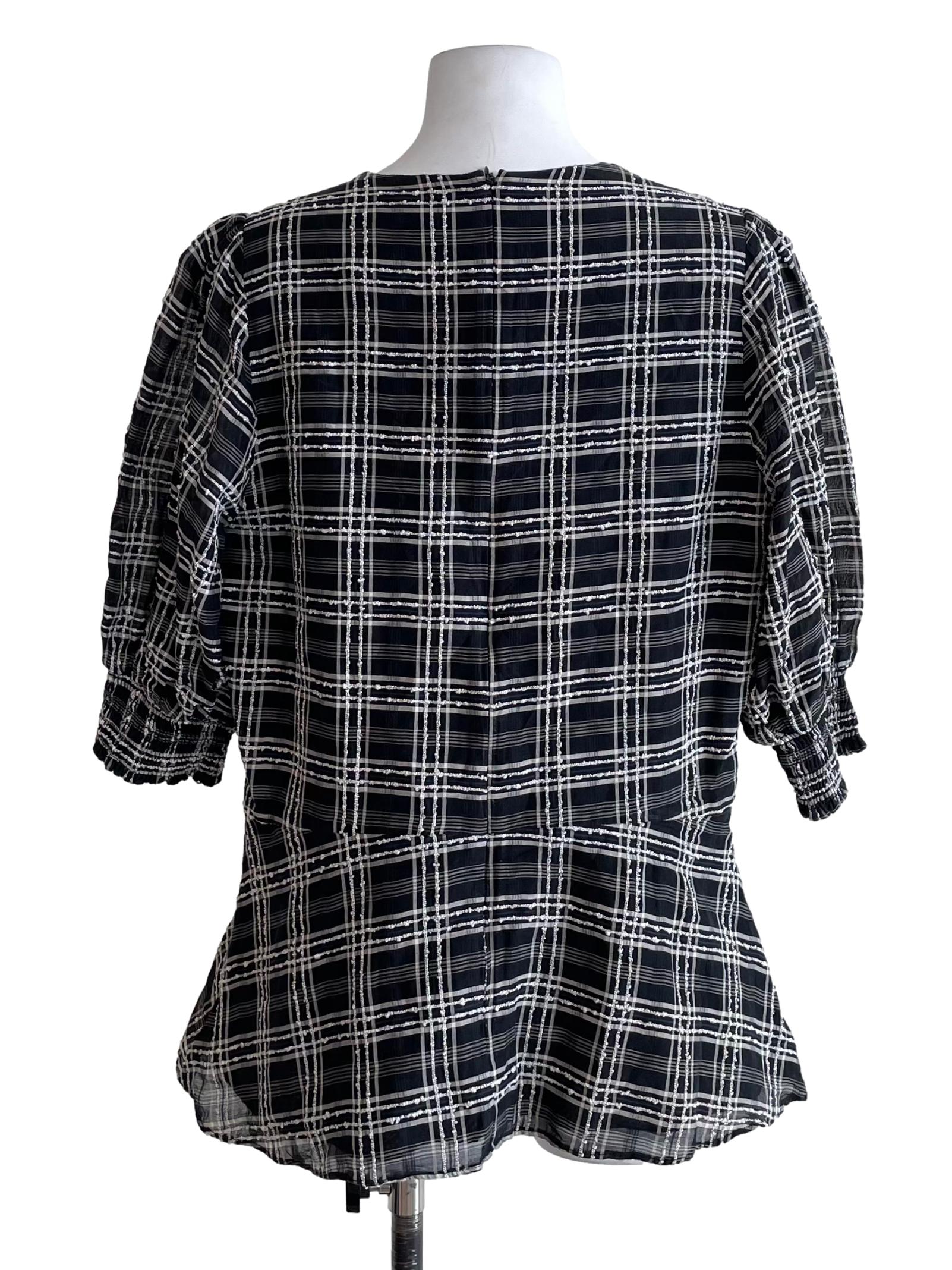 Black Madras Check Puff Sleeve Slim Top