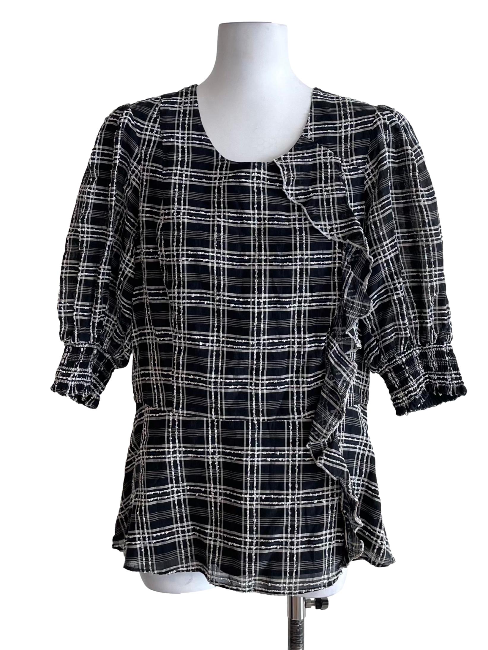 Black Madras Check Puff Sleeve Slim Top