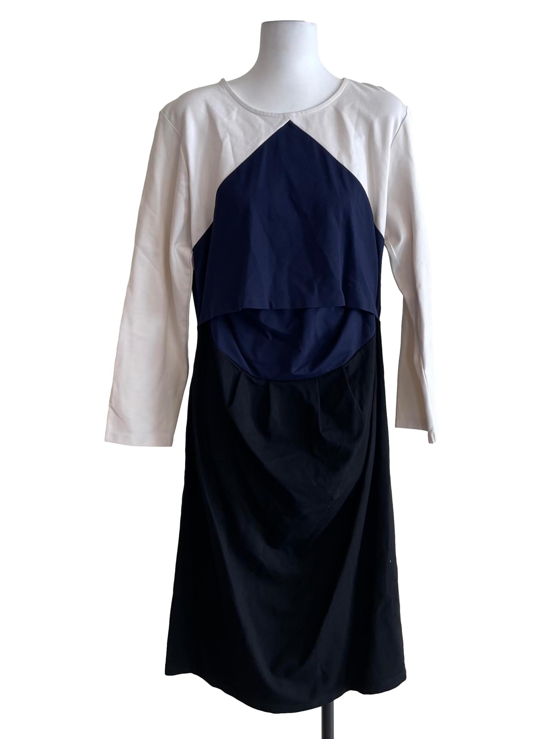 White And Navy Contrast Long Sleeve Dress