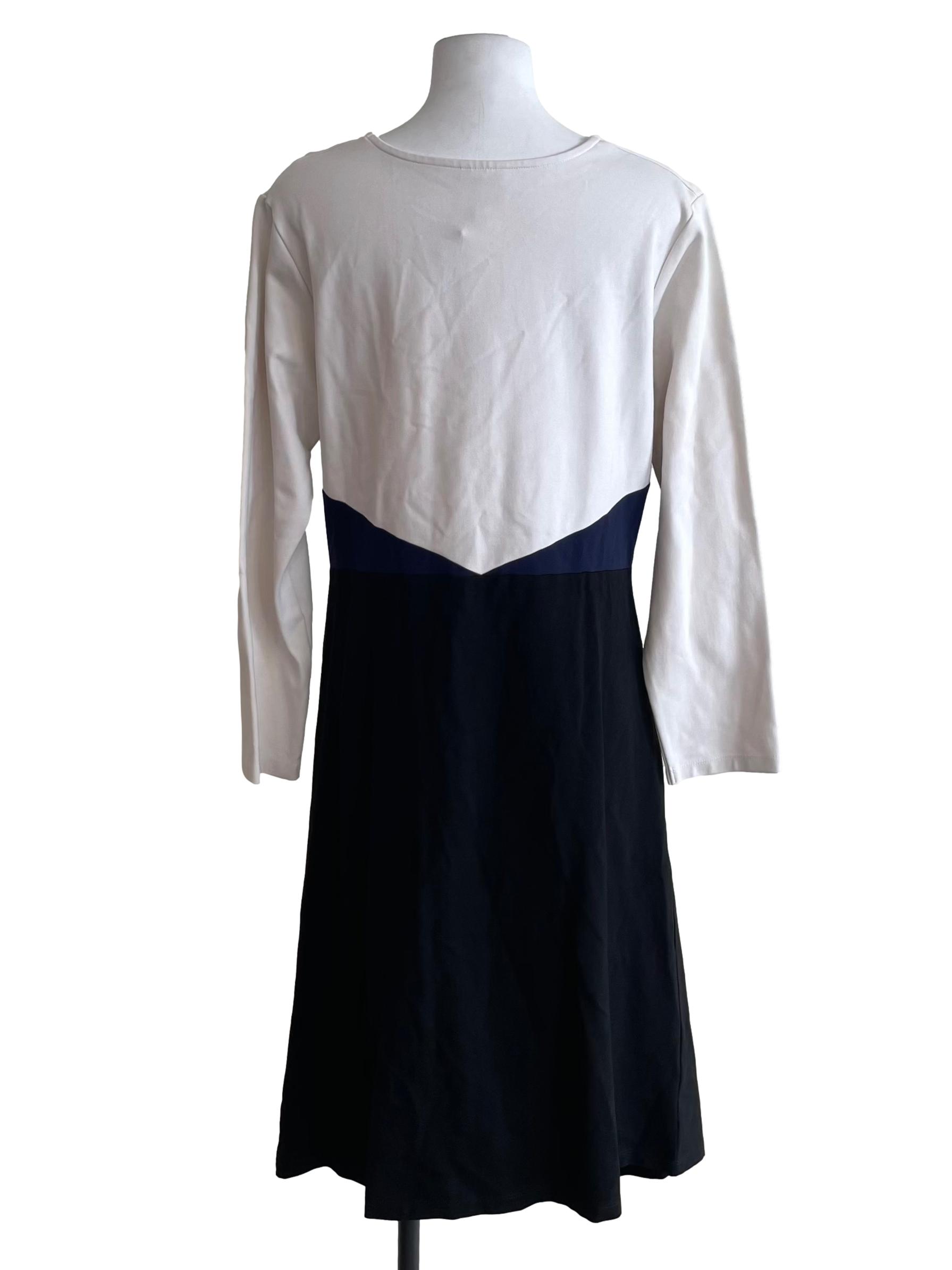 White And Navy Contrast Long Sleeve Dress