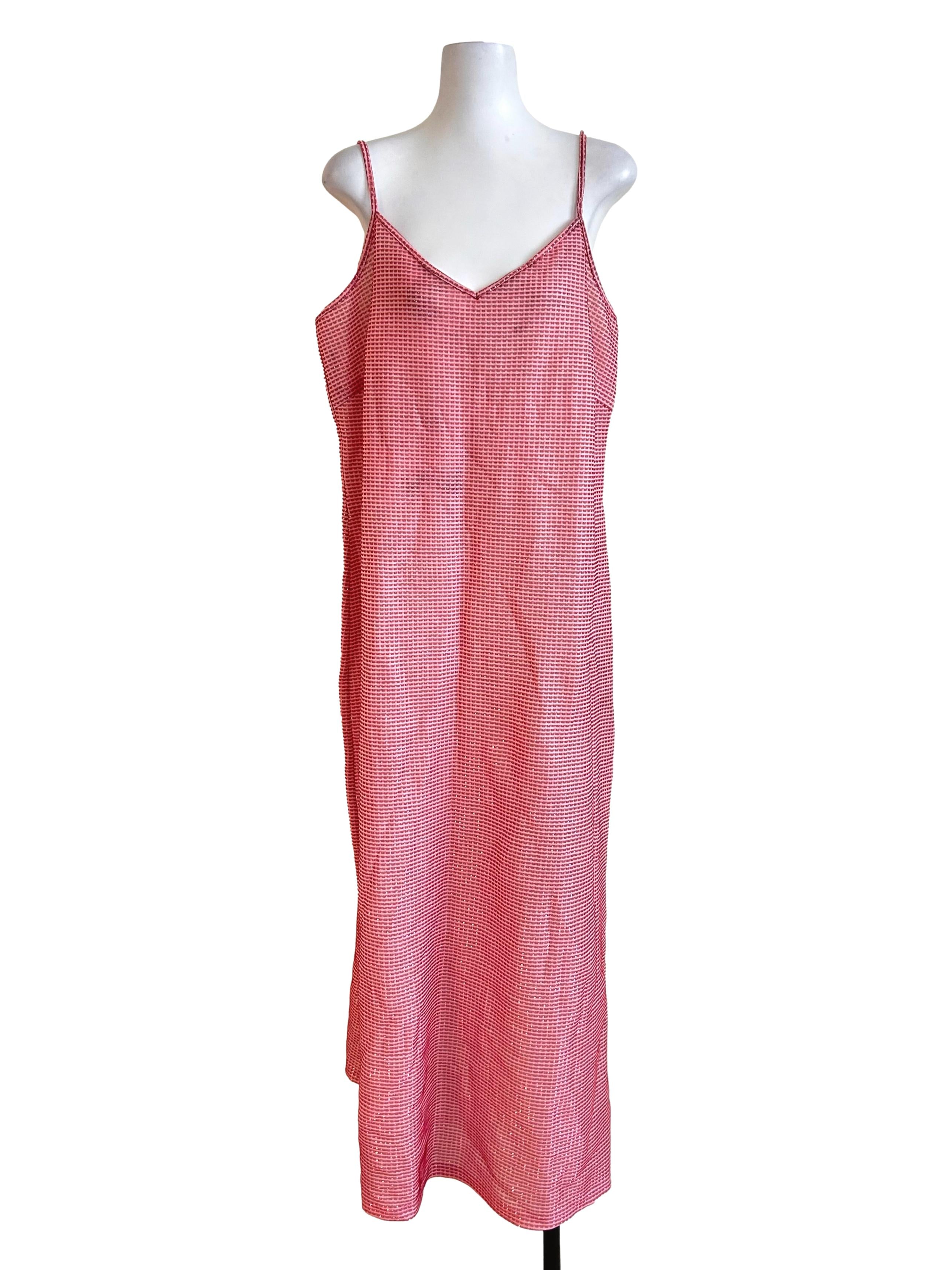 Pink White Gingham Glitter Strappy Maxi Dress