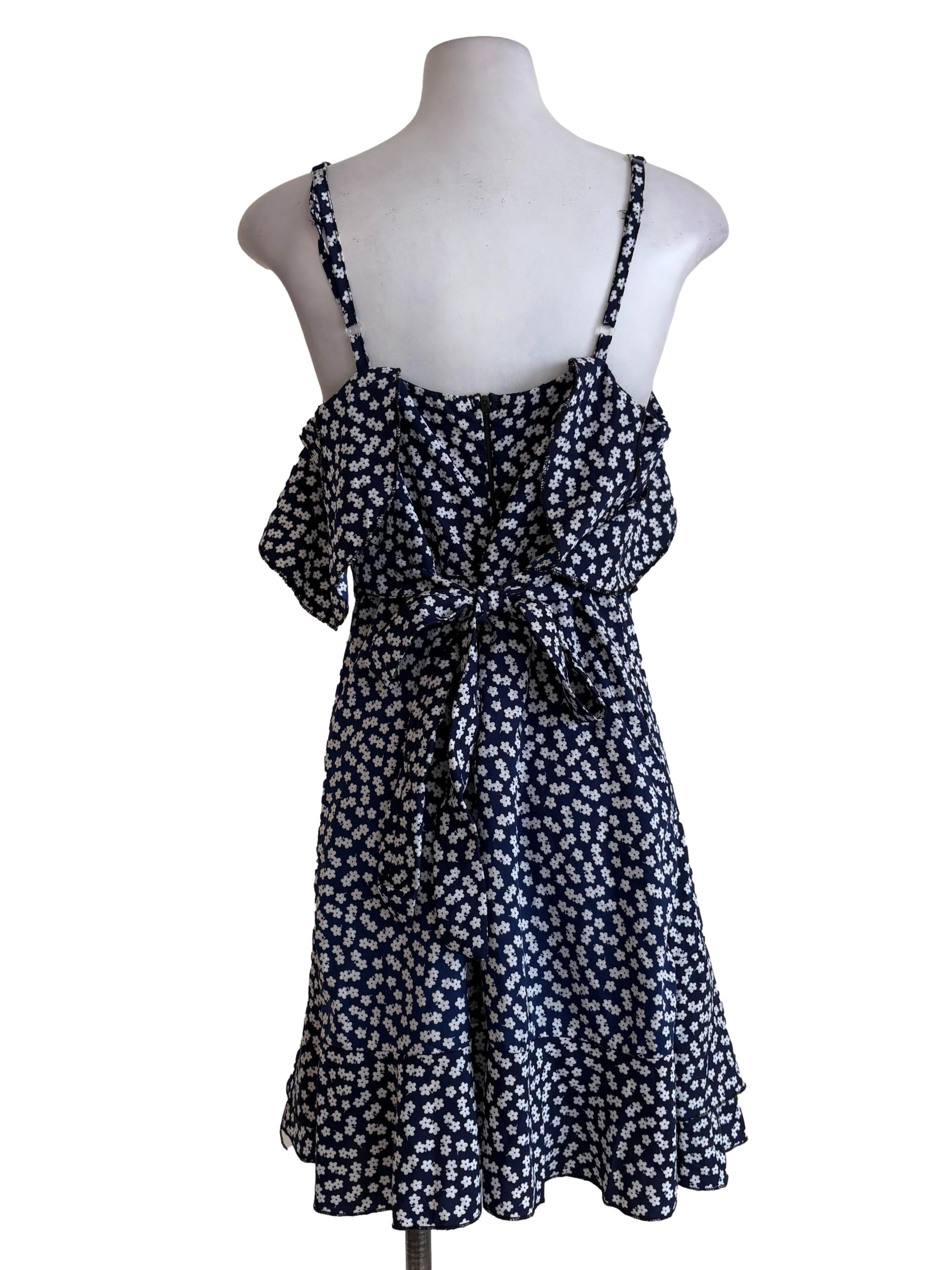 Navy Blue Floral Ruffle Dress
