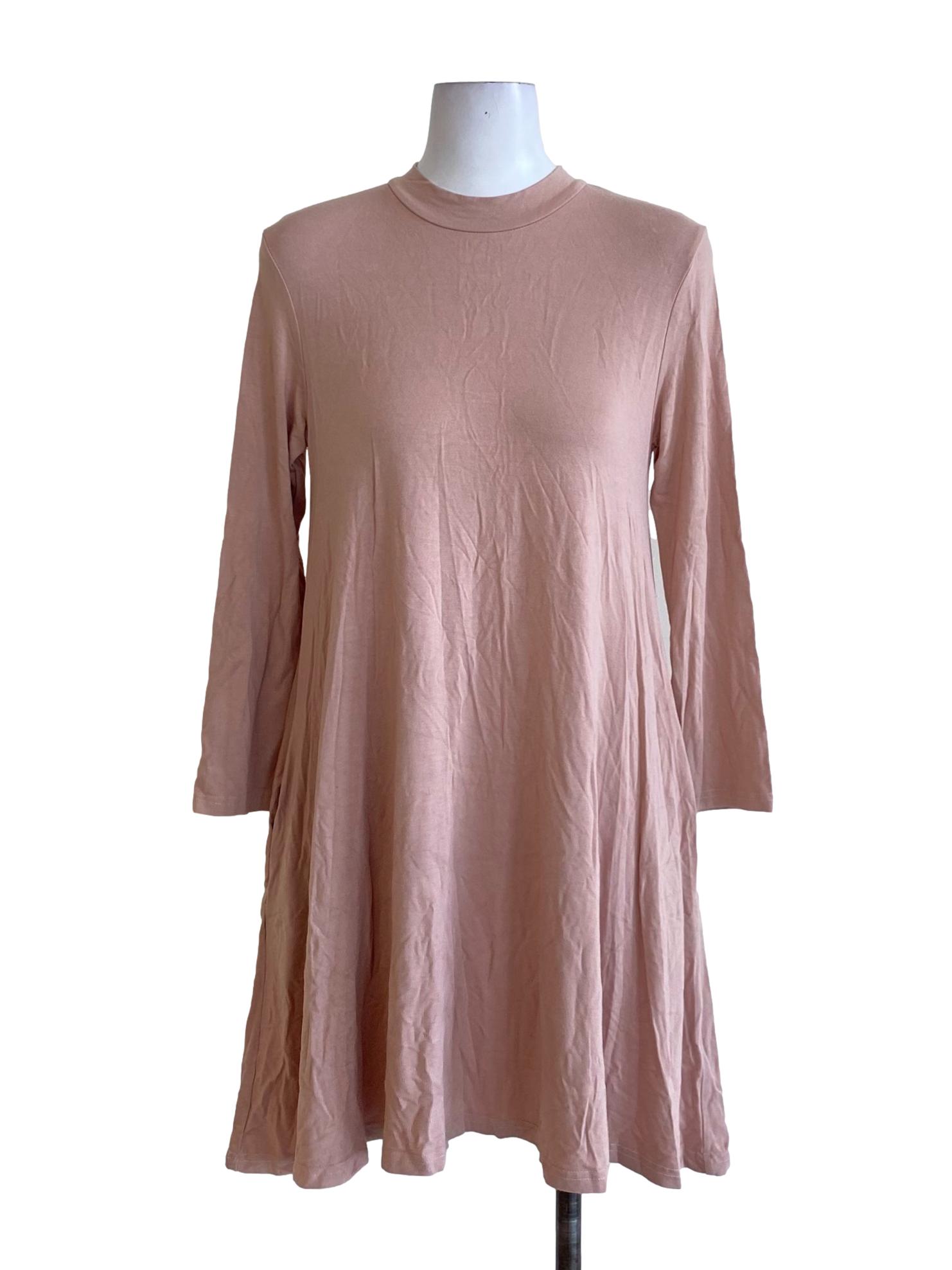 Coral Pink Stretchy Fit Long Sleeve Shirt Dress