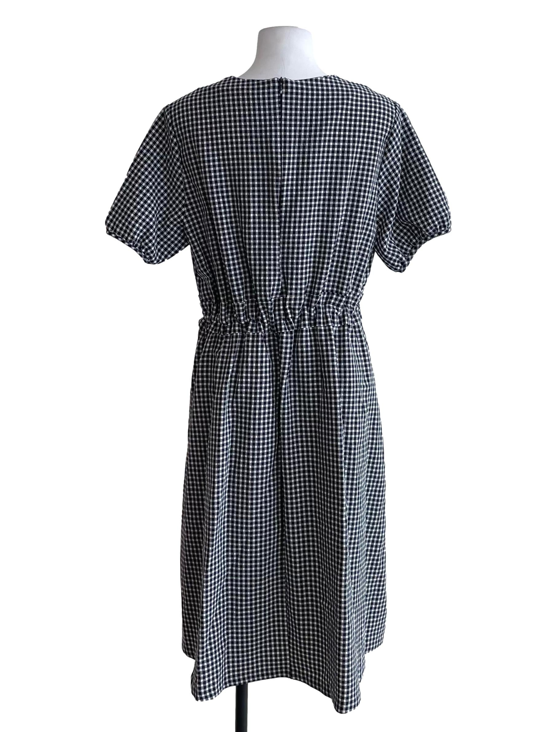 Dark Navy Gingham Puff Sleeve Dress