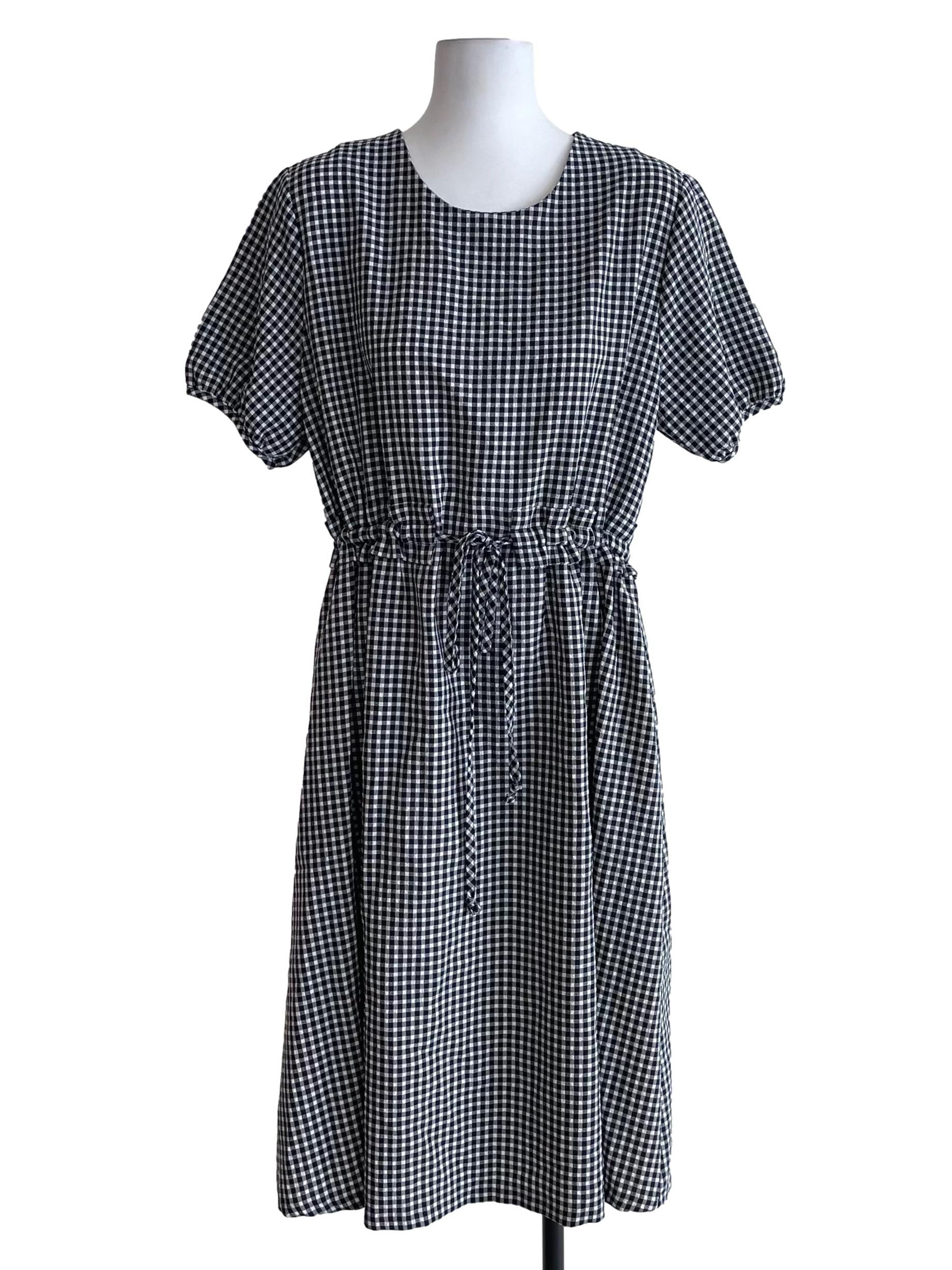 Dark Navy Gingham Puff Sleeve Dress