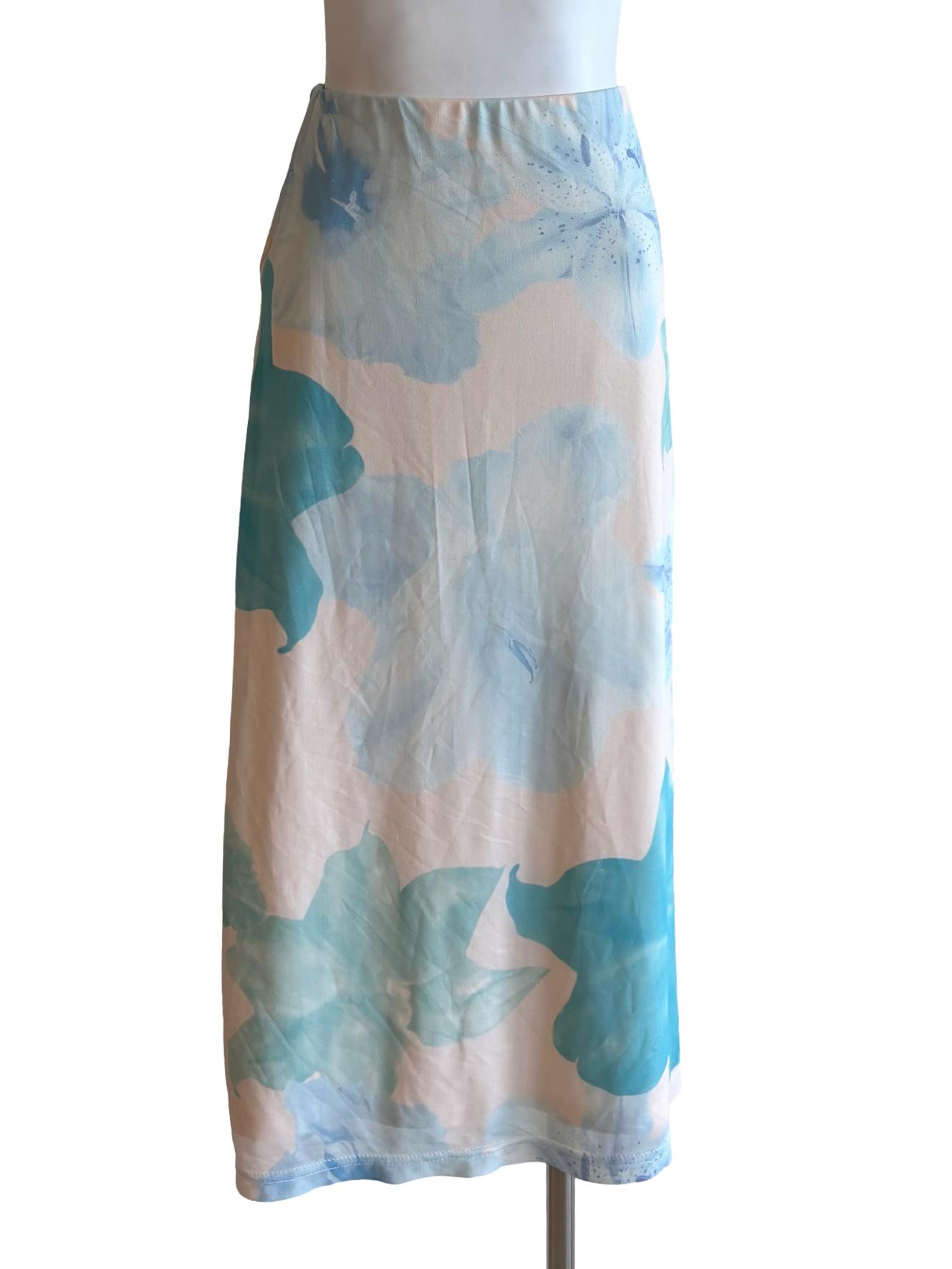 Cream Baby Blue Floral Print Skirt