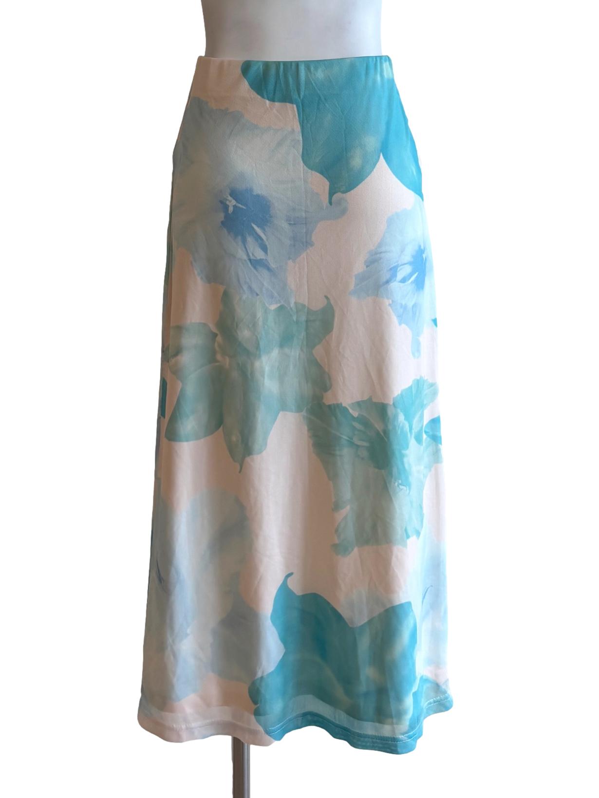 Cream Baby Blue Floral Print Skirt