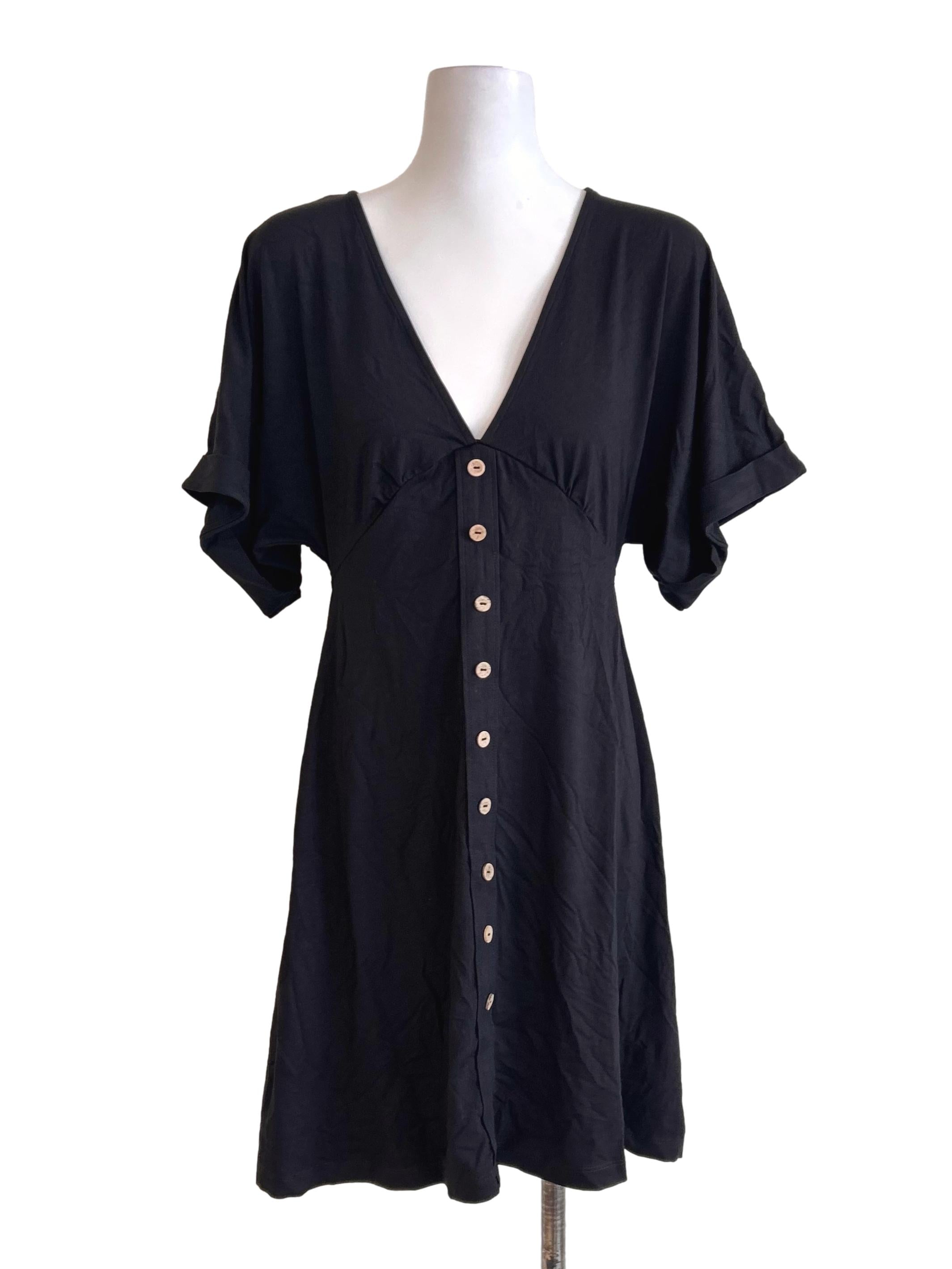 Black V Neck Button Mini Dress