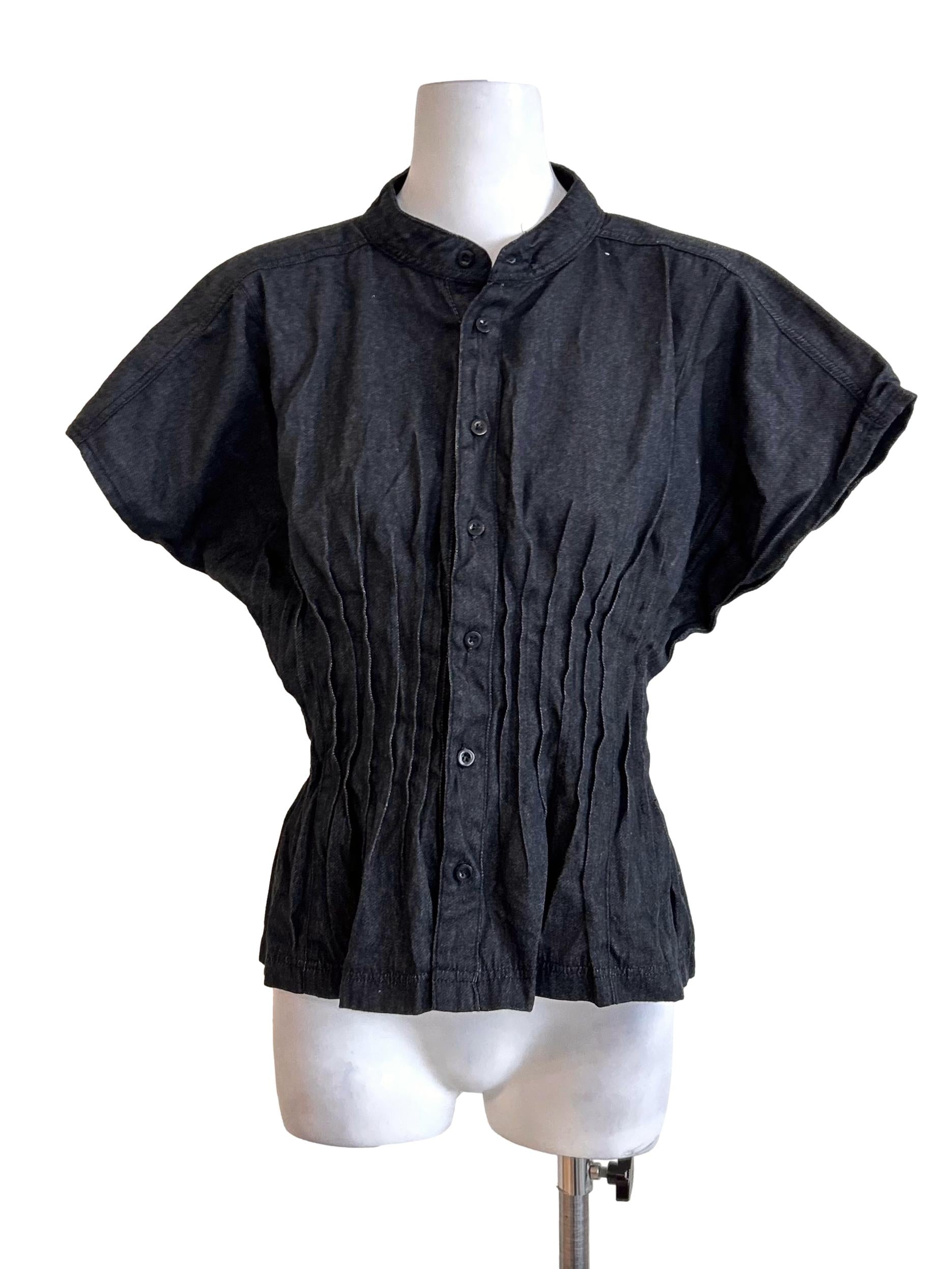 Charcoal Grey Pleated Bodice Mock Blouse