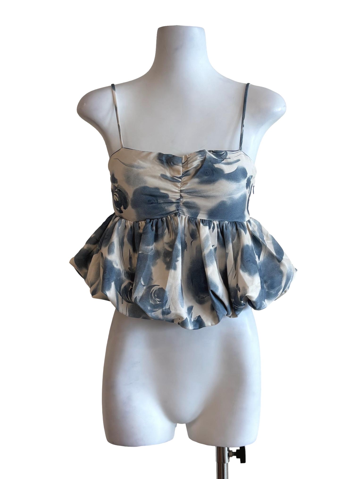 Cream Lapis Blue Printed Bubble Top