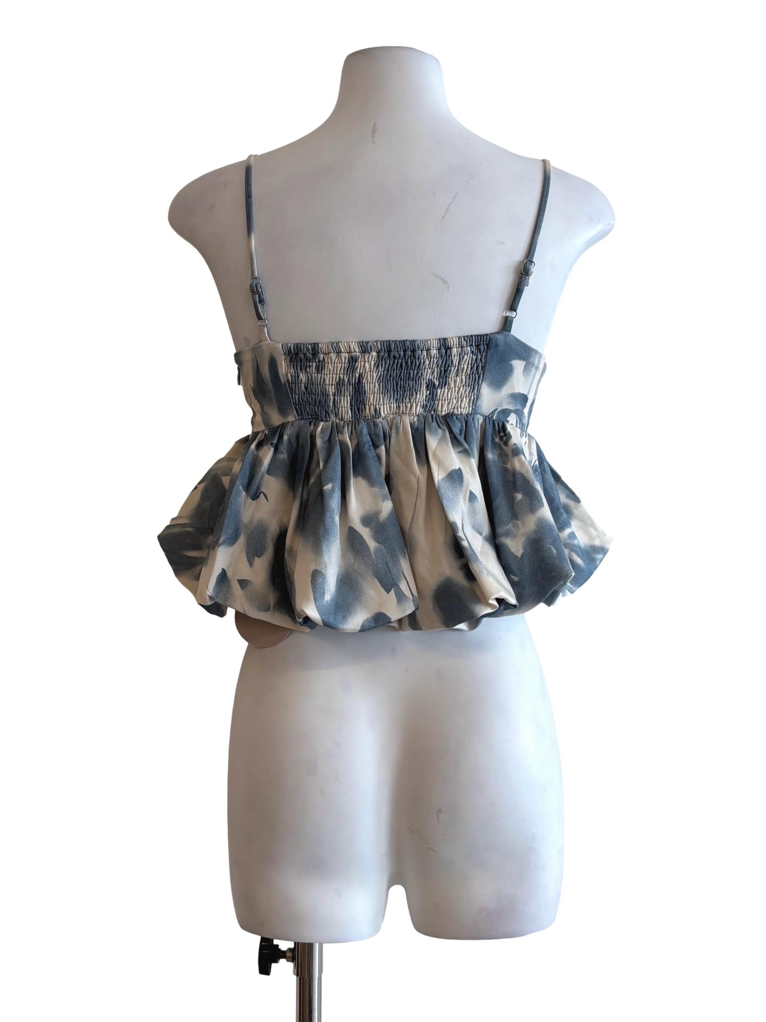Cream Lapis Blue Printed Bubble Top