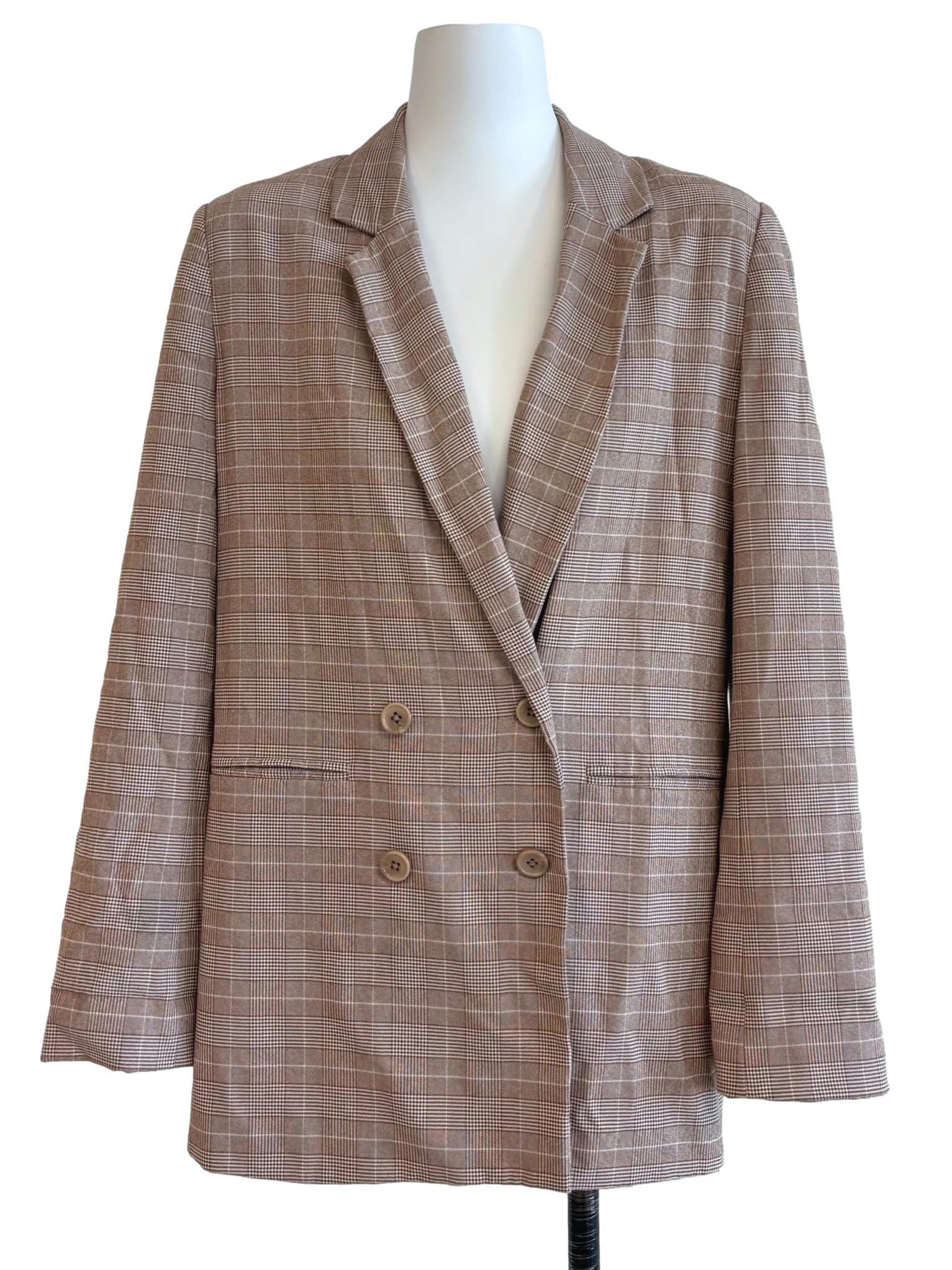 Almond Brown Double Breasted Plaid Blazer