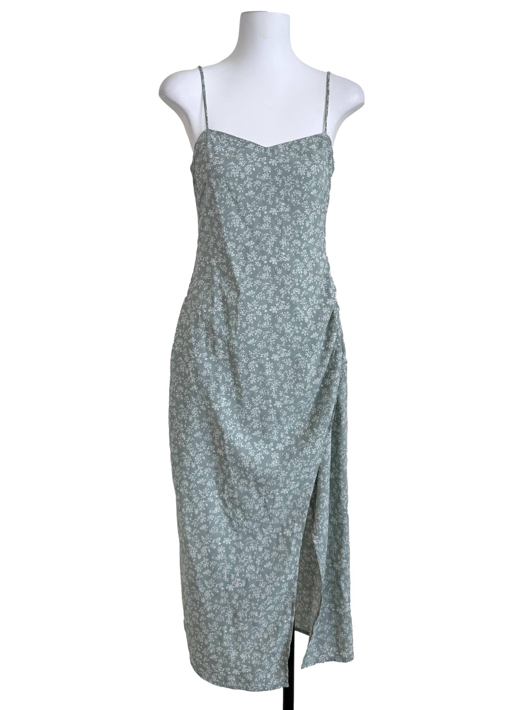 Sage Green Floral Side Ruched Dress