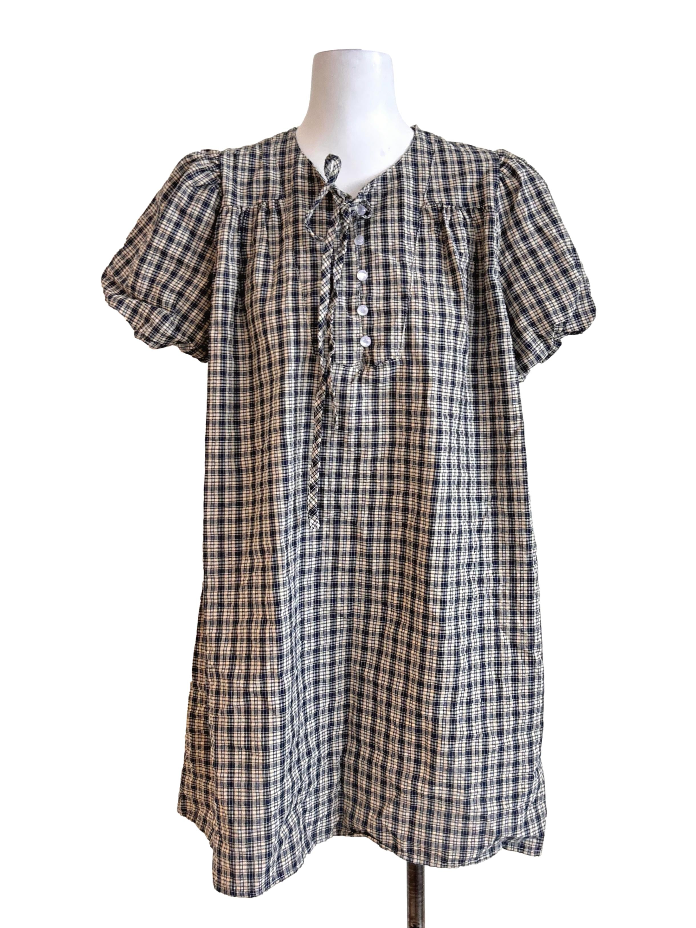 Navy Cream Plaid Tie Neck Dress