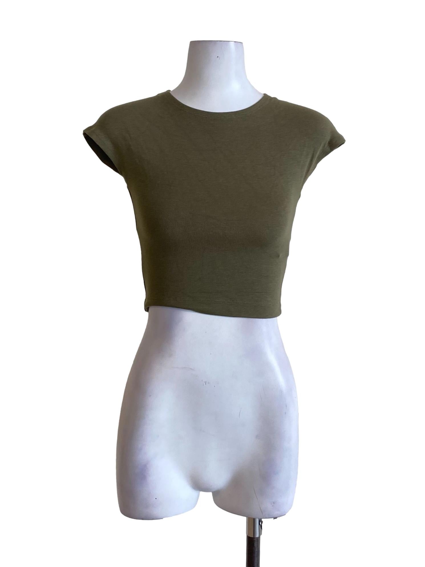 Moss Green Round Neck Knitted Cropped Shirt