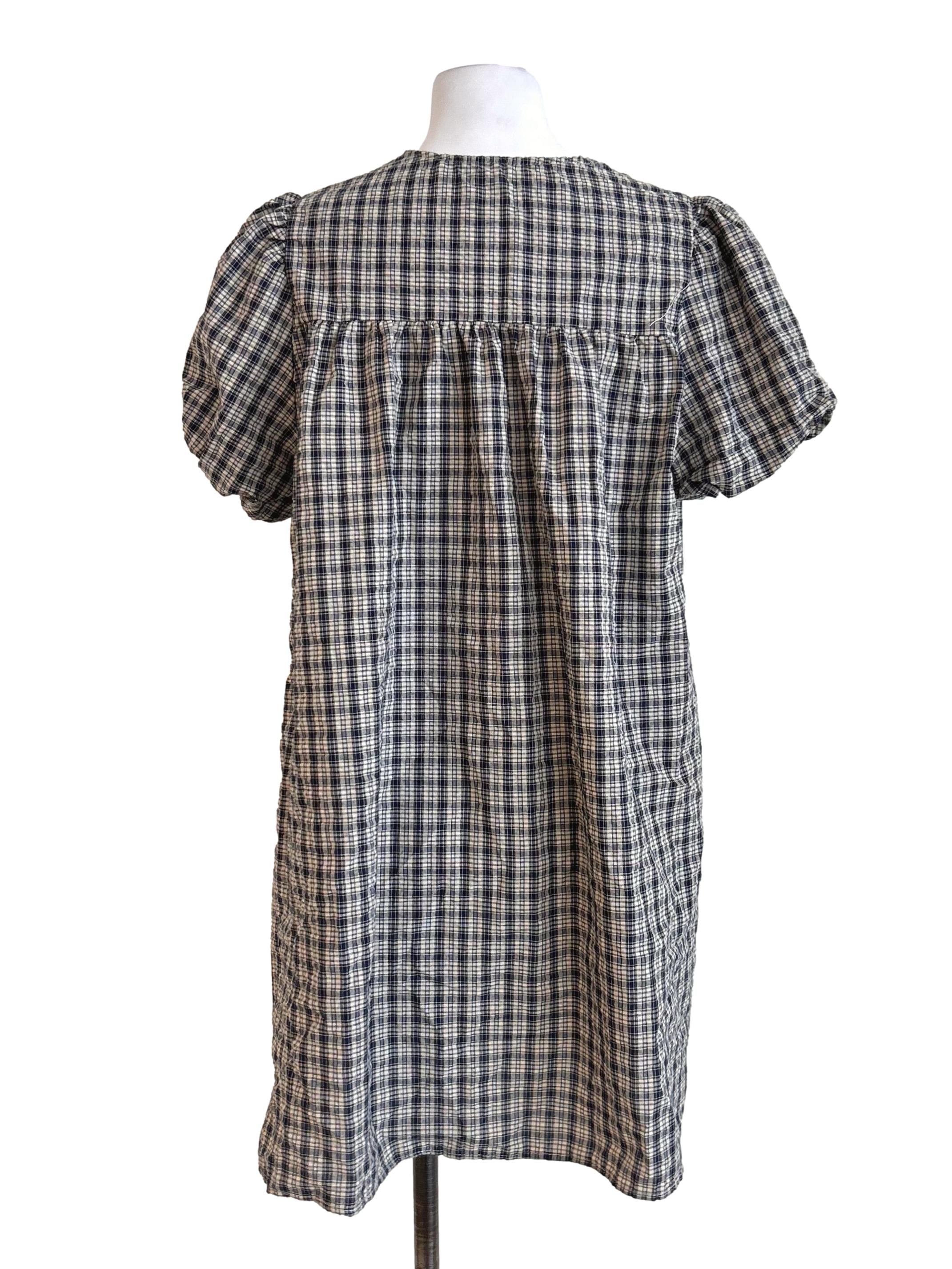 Navy Cream Plaid Tie Neck Dress