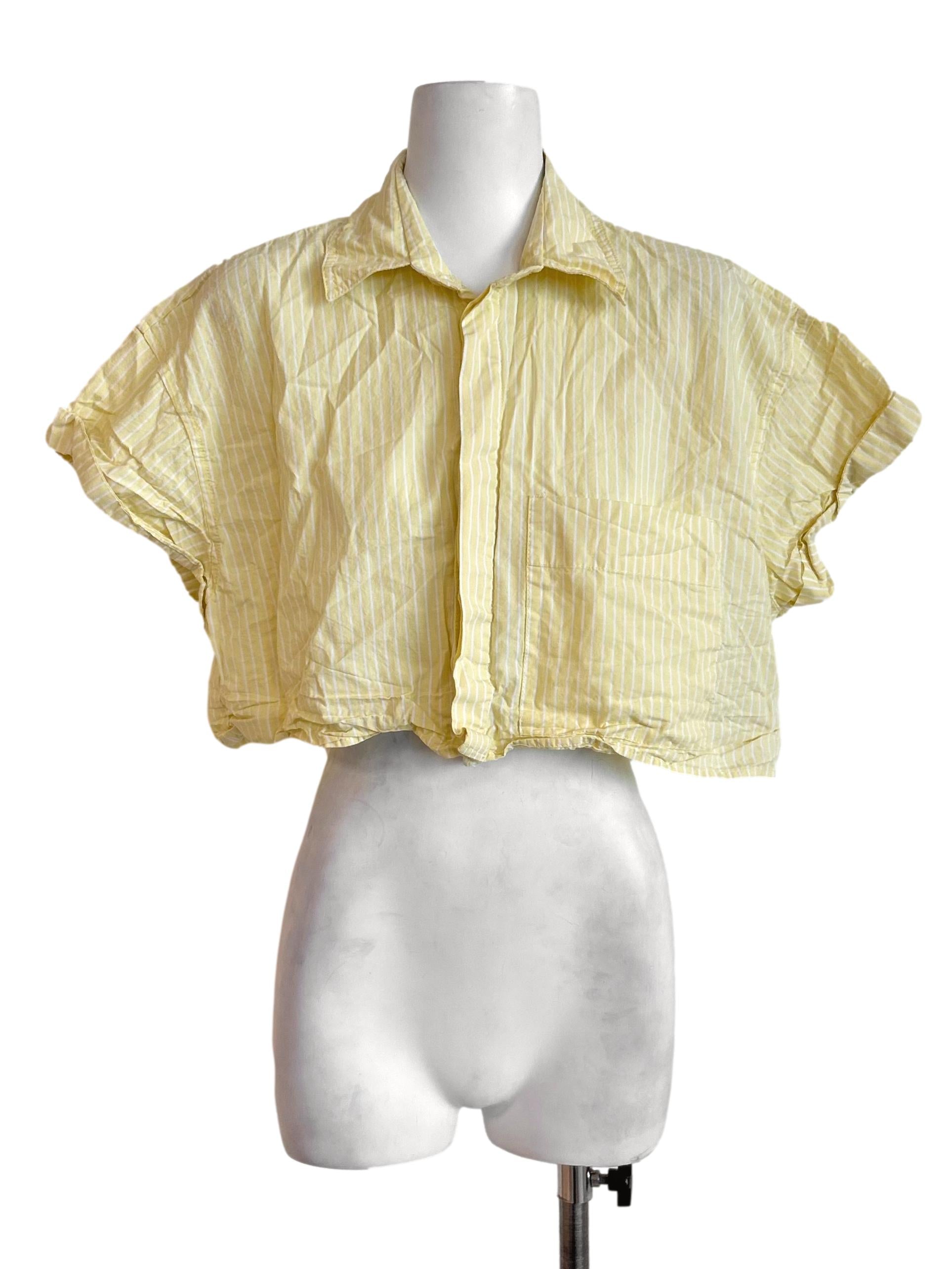 Yellow White Striped Cropped Sleeve Shirt