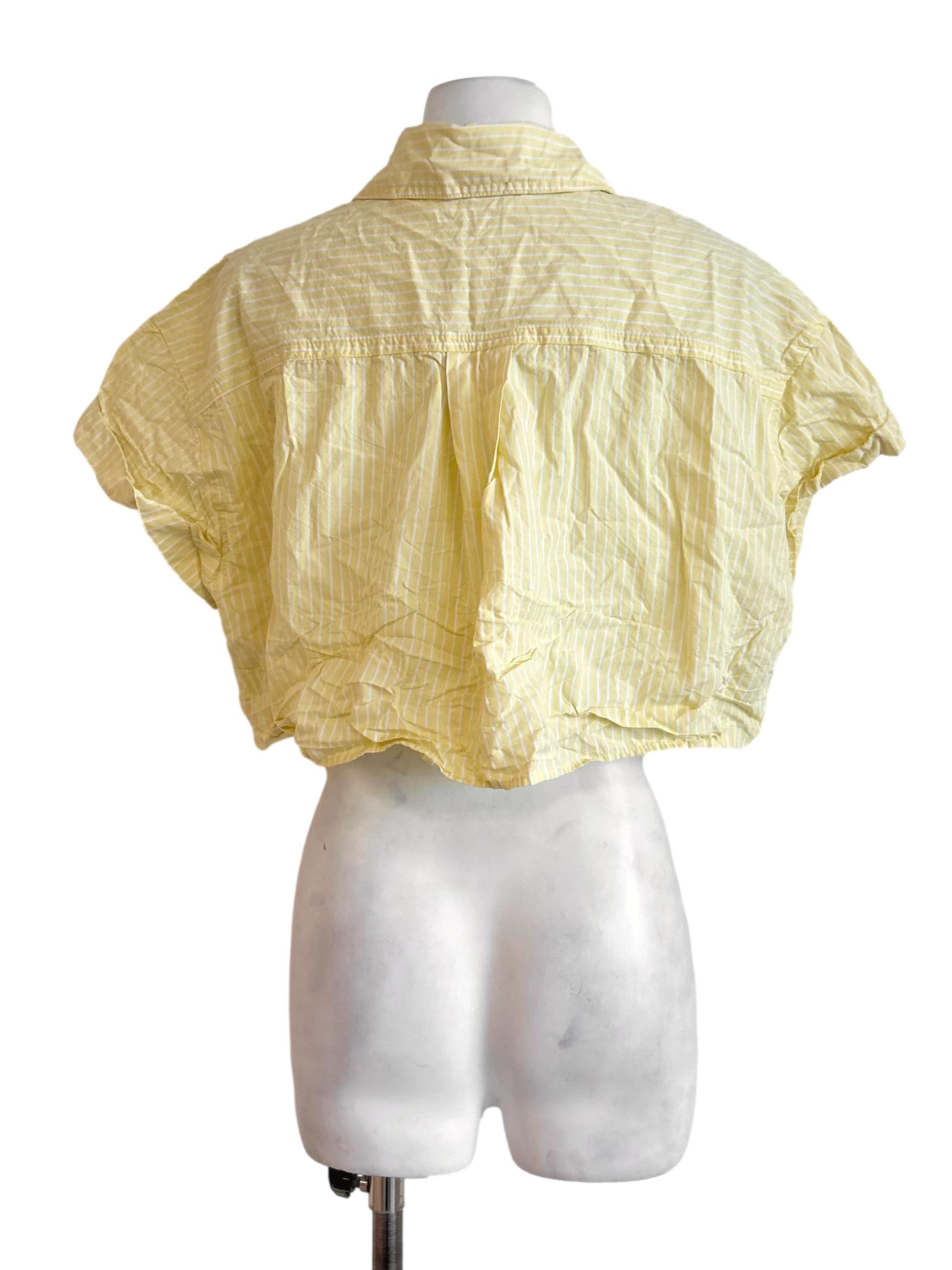 Yellow White Striped Cropped Sleeve Shirt