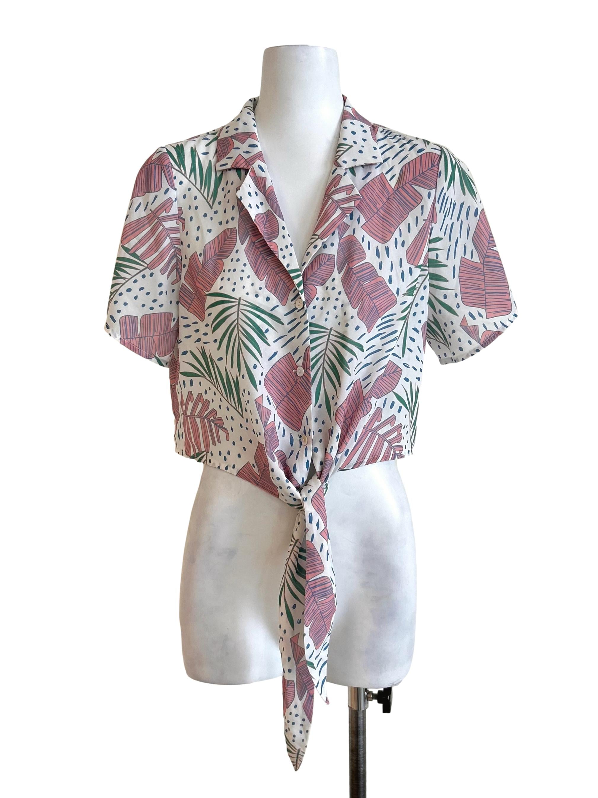 White Tropical Leaf Tie Front Blouse