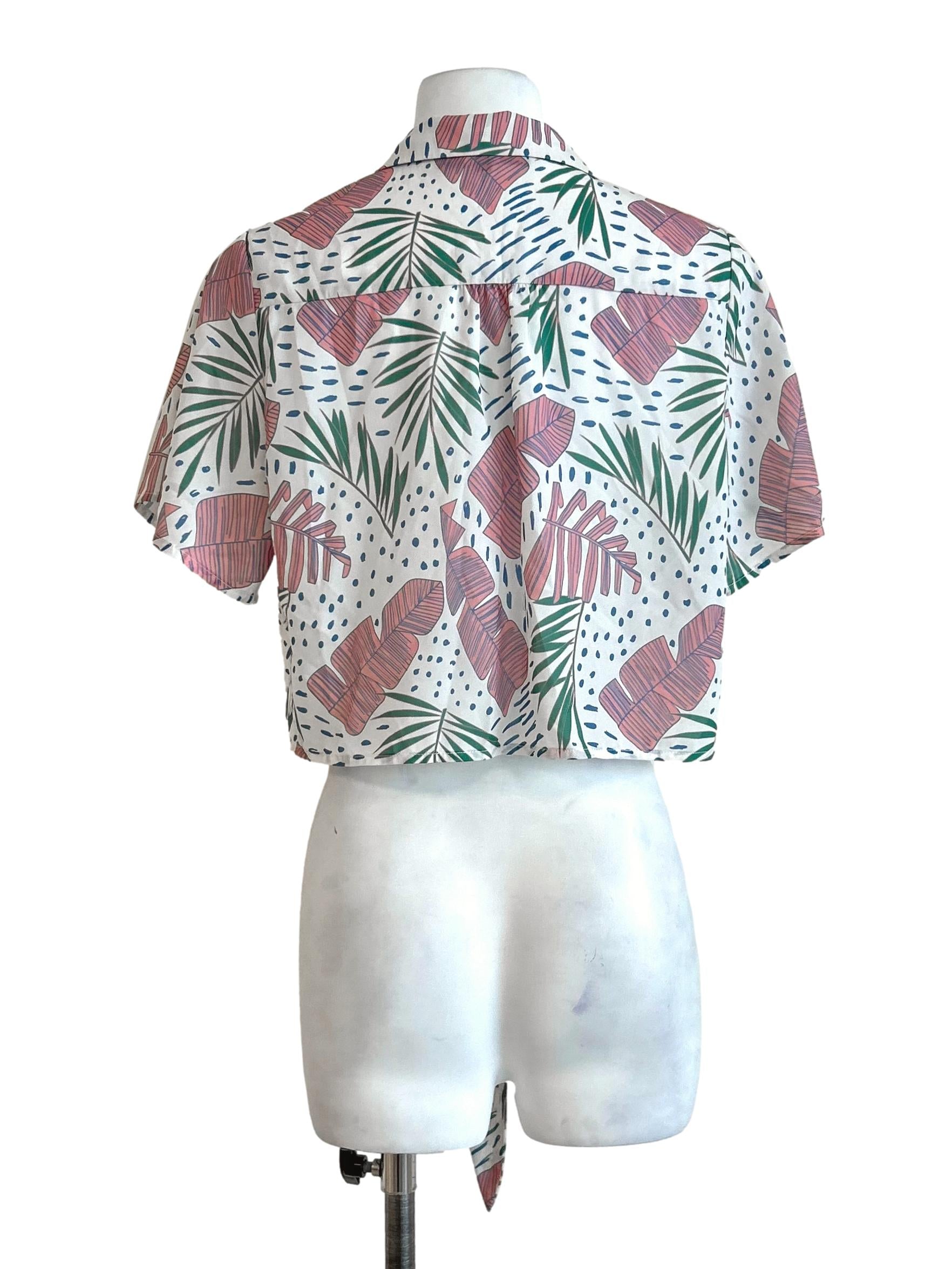 White Tropical Leaf Tie Front Blouse