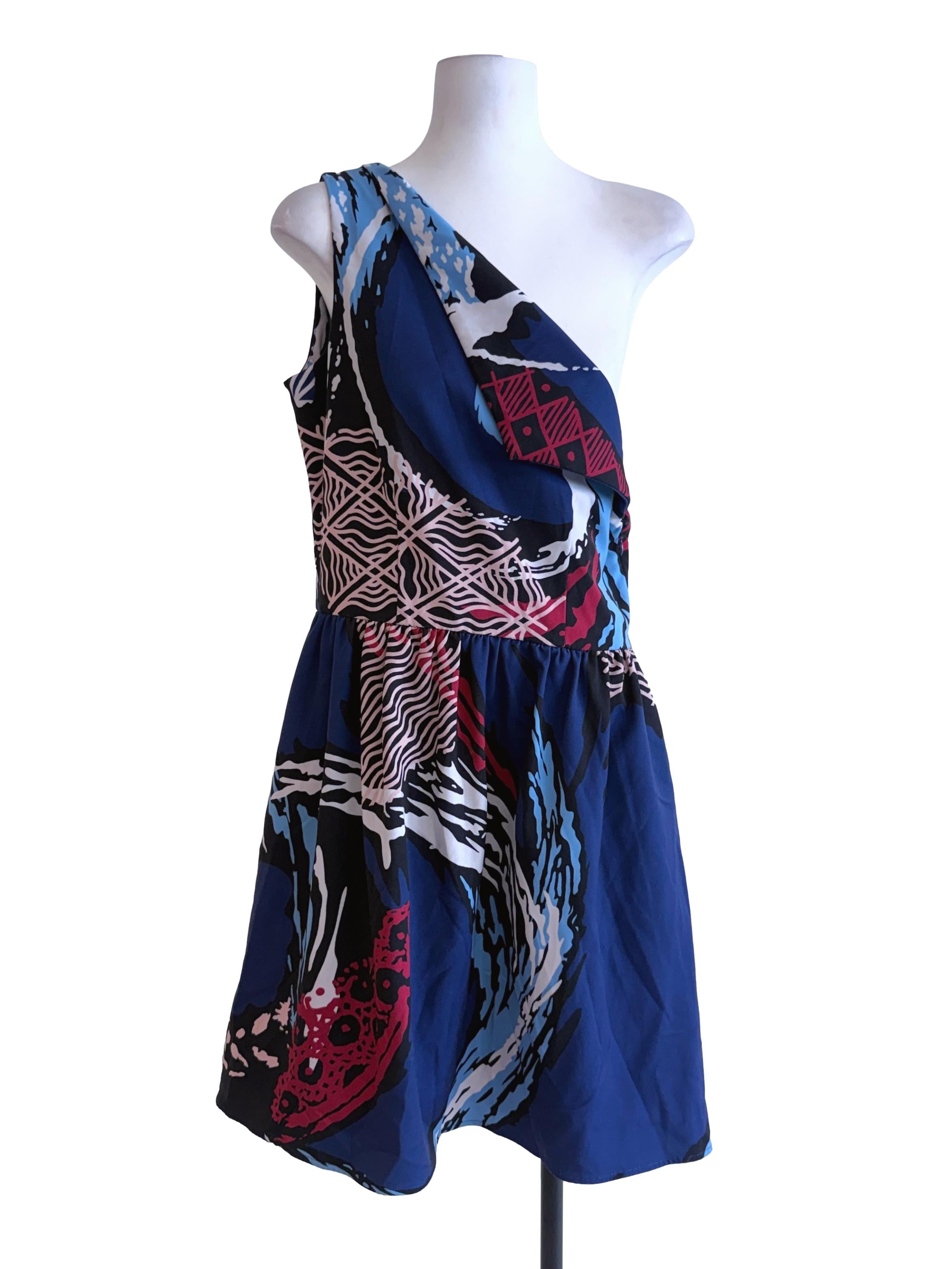 Abstract Blue Asymmetrical Shoulder Dress