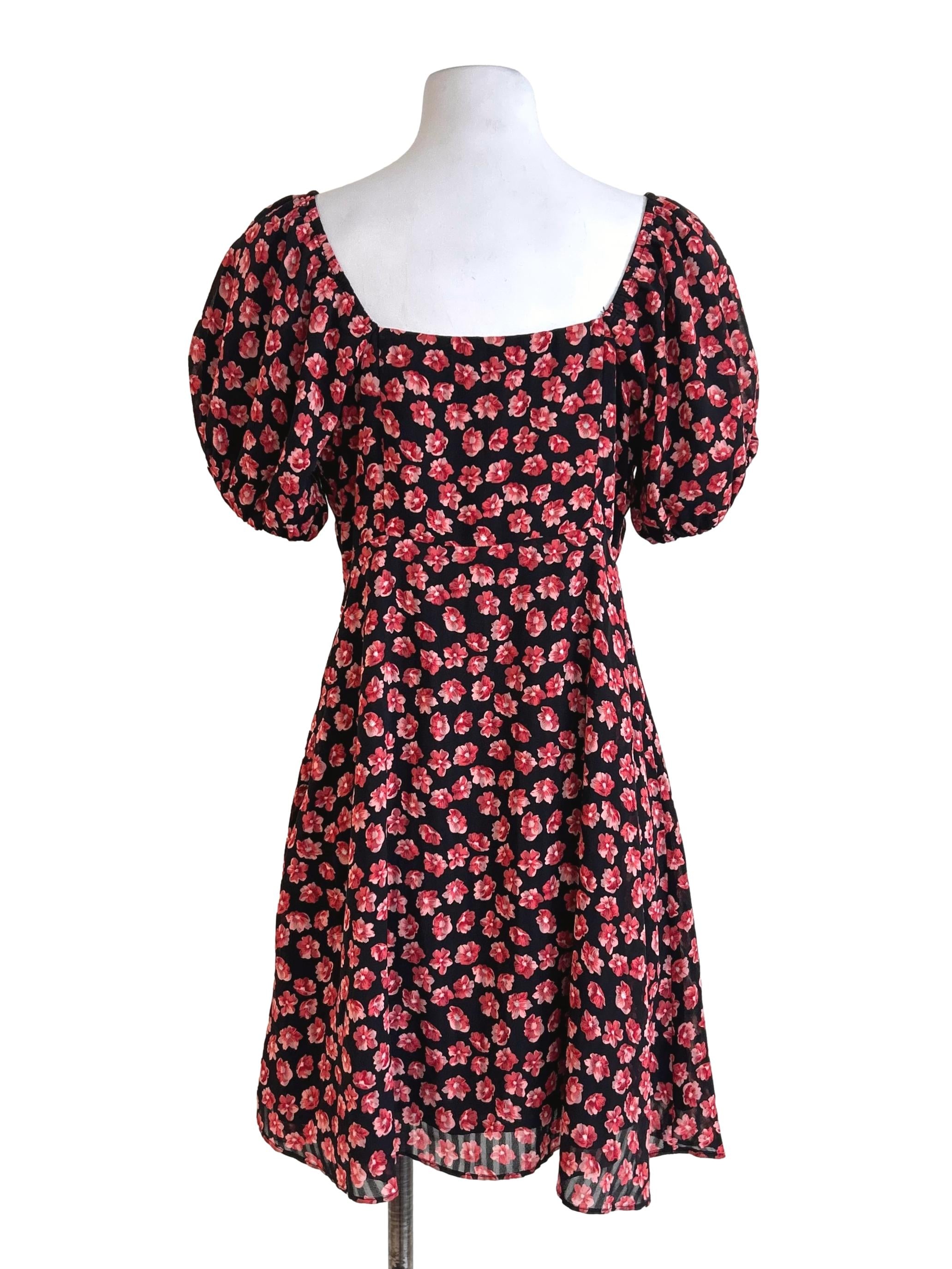 Black Puff Sleeve Floral Dress