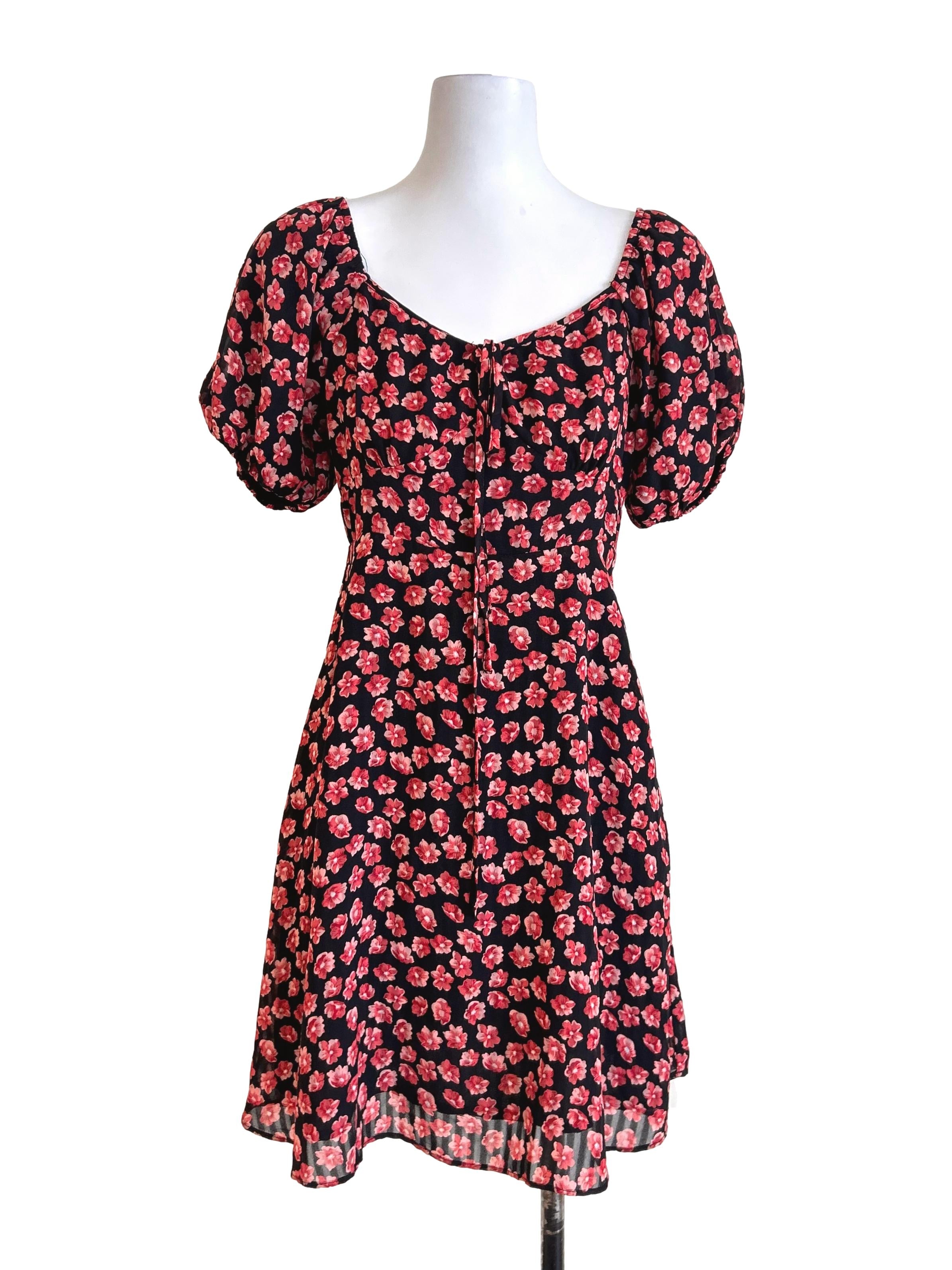 Black Puff Sleeve Floral Dress