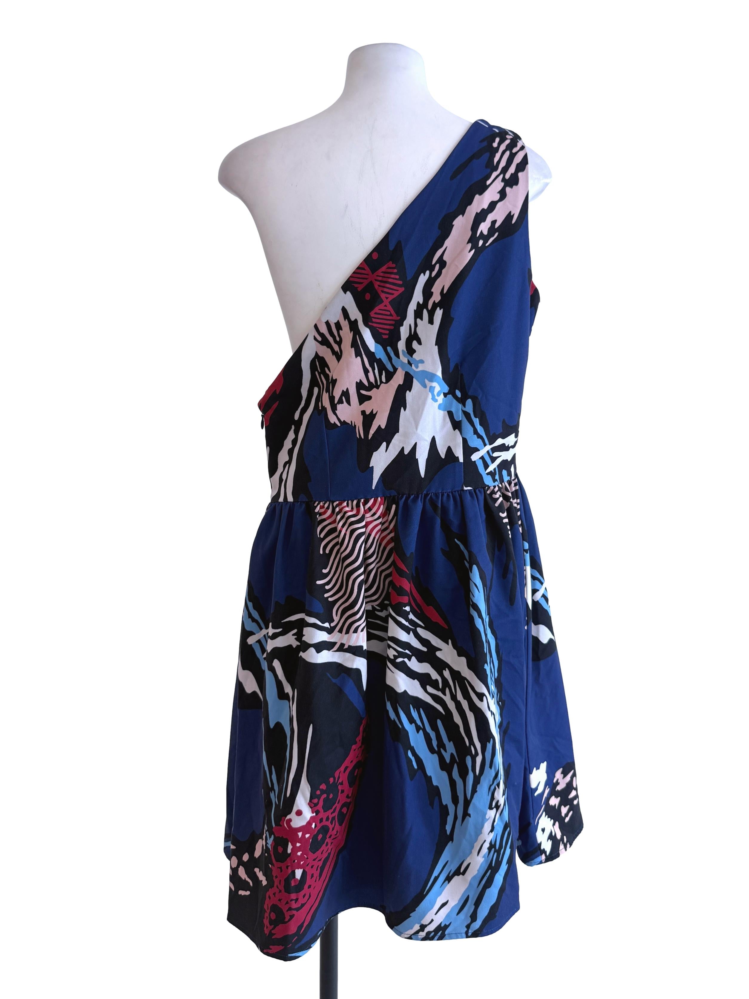 Abstract Blue Asymmetrical Shoulder Dress
