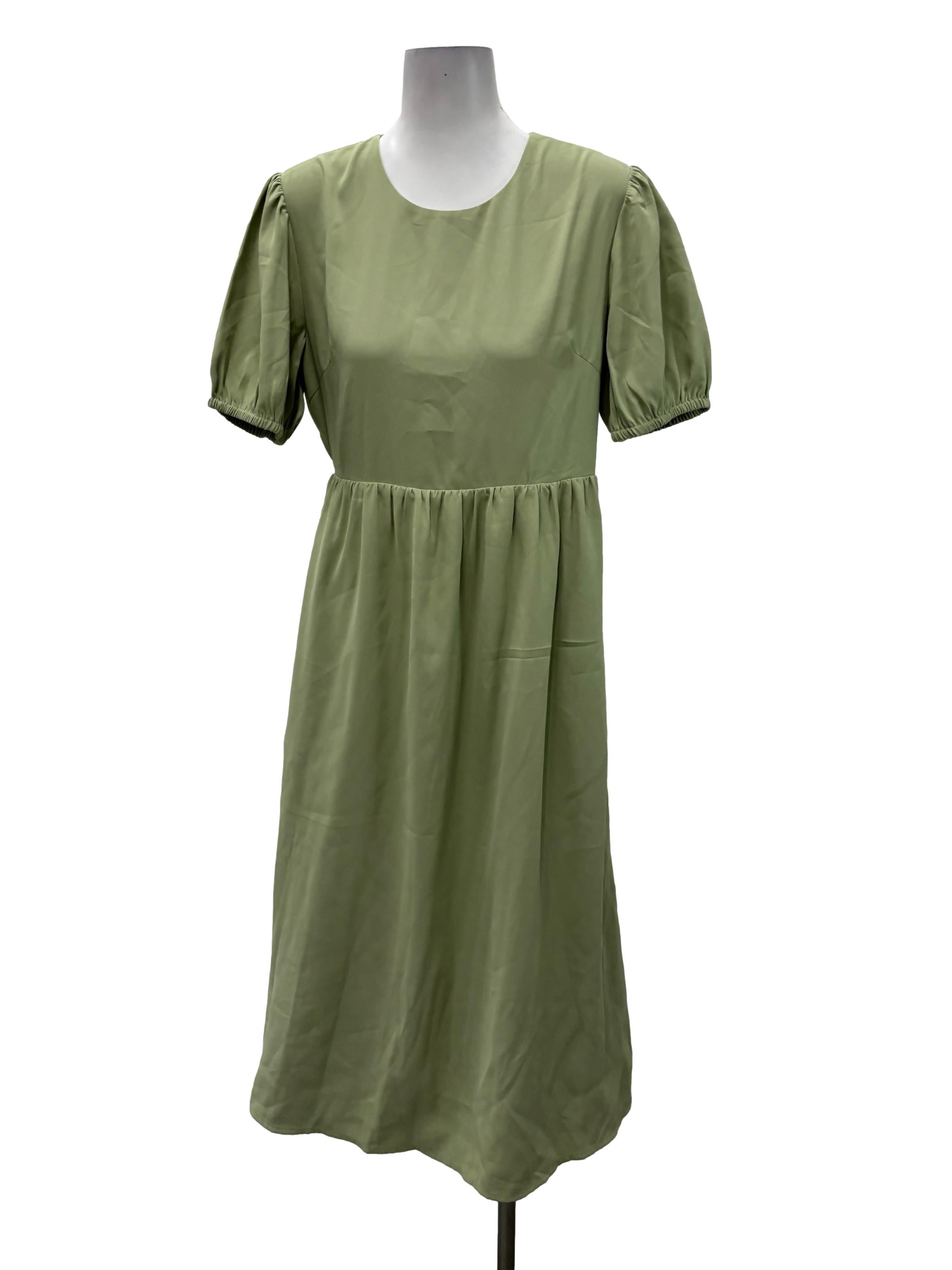 Sage Green Roundneck Puff Midi Dress TCL