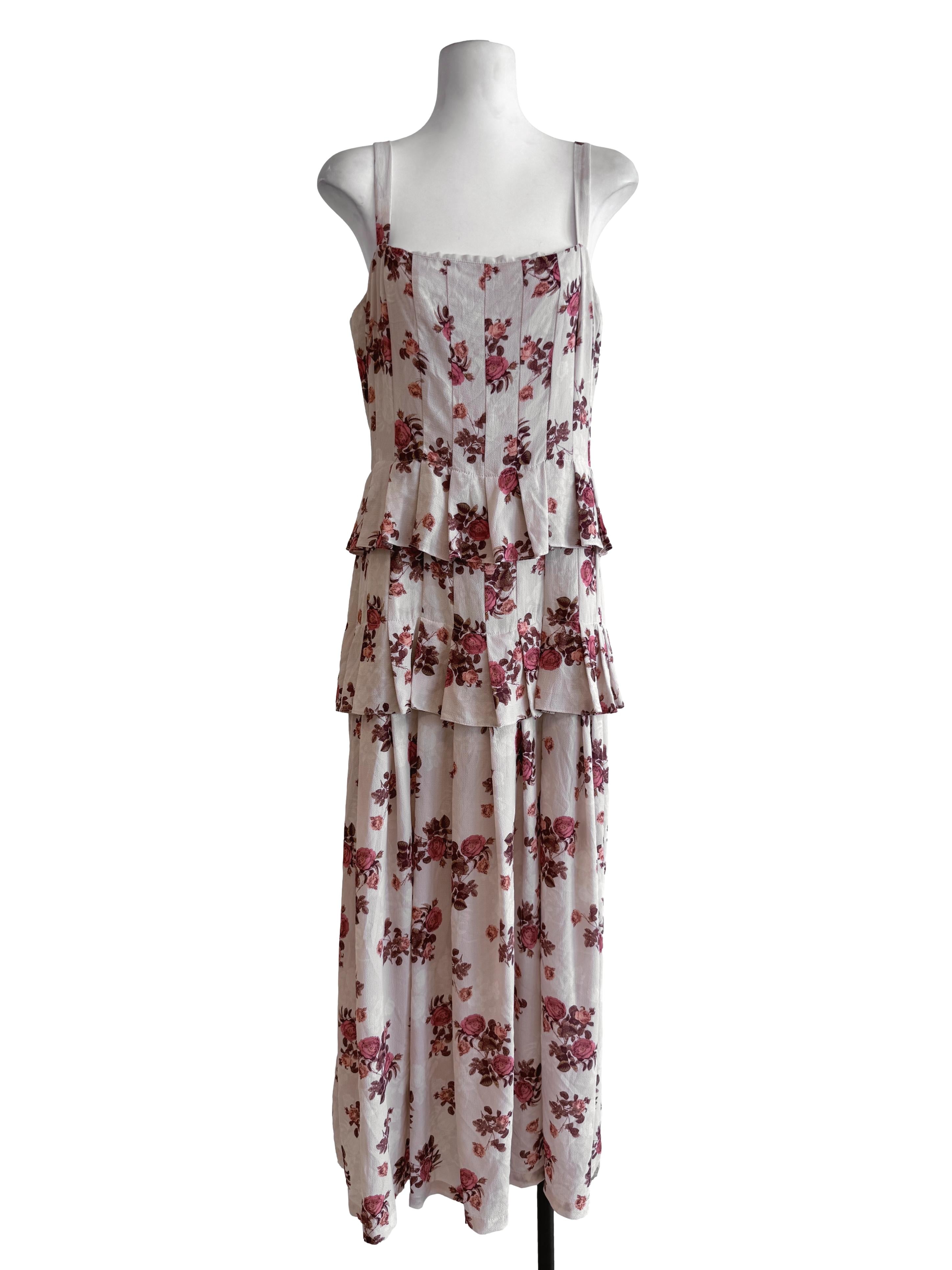 Beige Floral Tier Sleeveless Dress