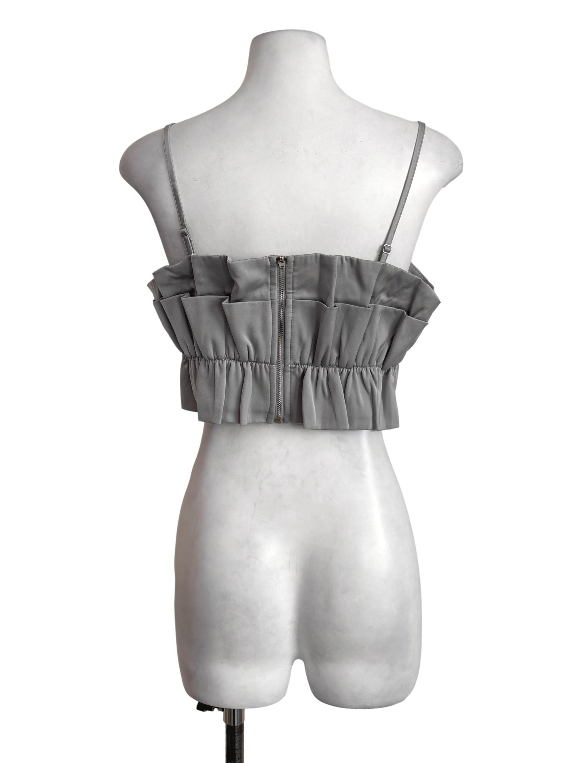 Grey Pleated Ruffle Crop Top