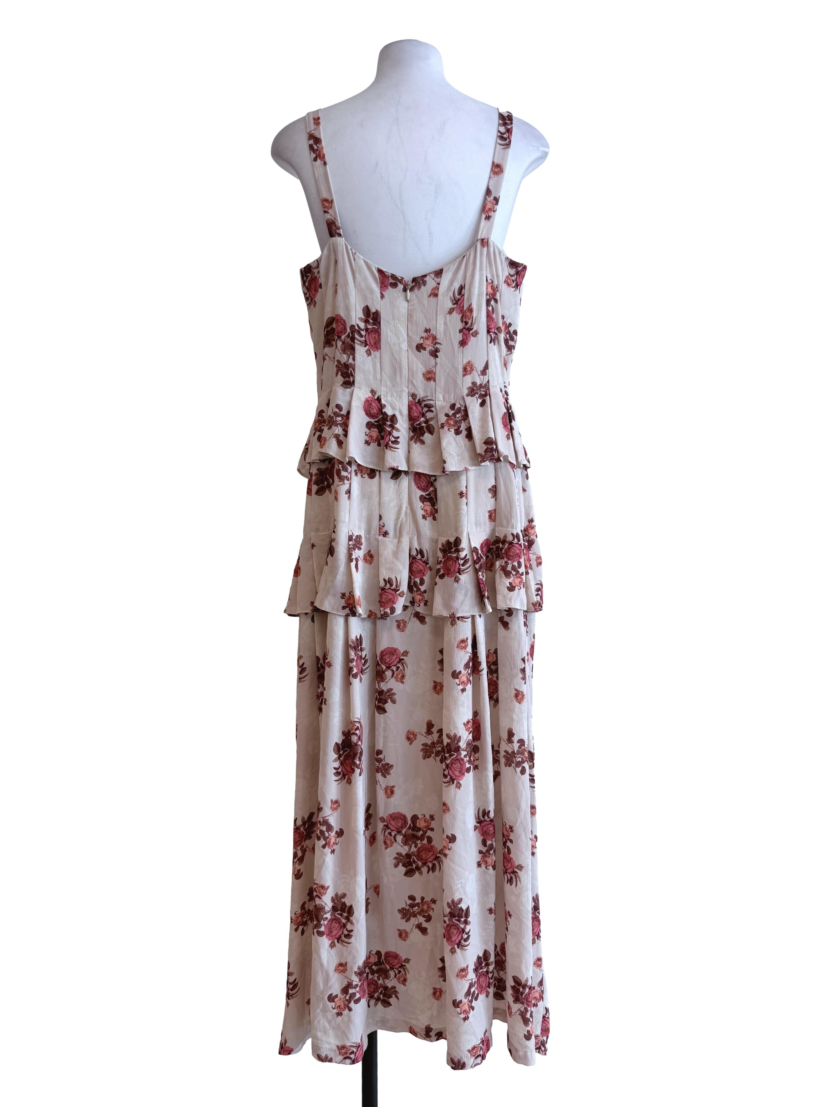 Beige Floral Tier Sleeveless Dress