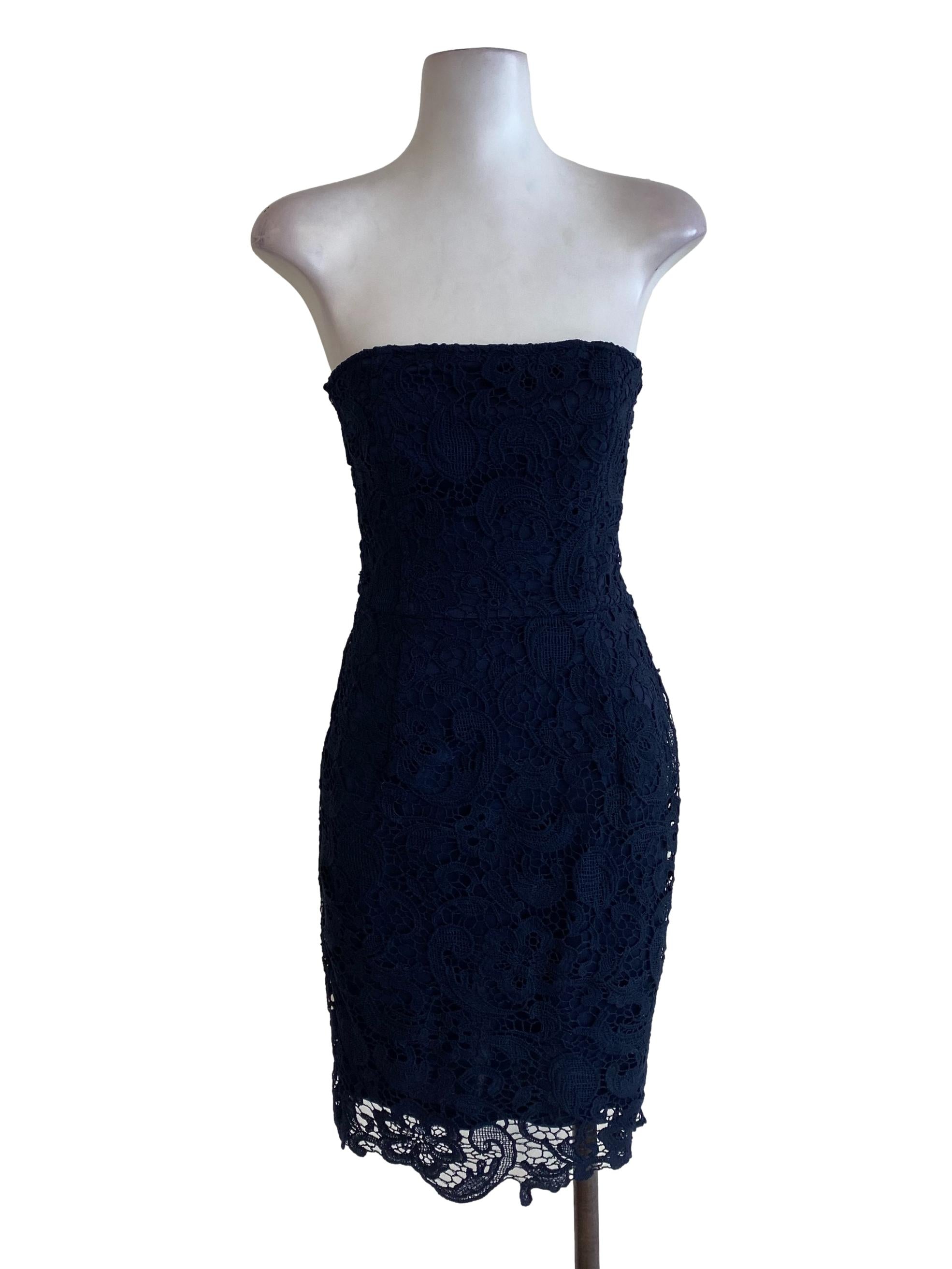 Navy Blue Embroidered Strapless Dress