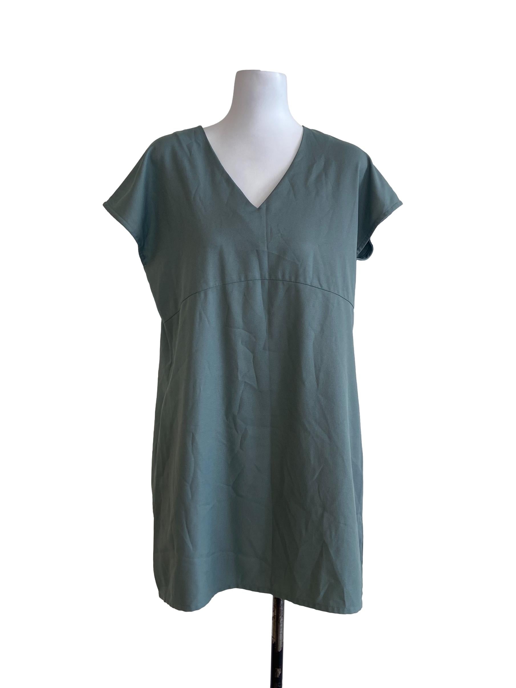 Sage Green V Neck A-Line Dress