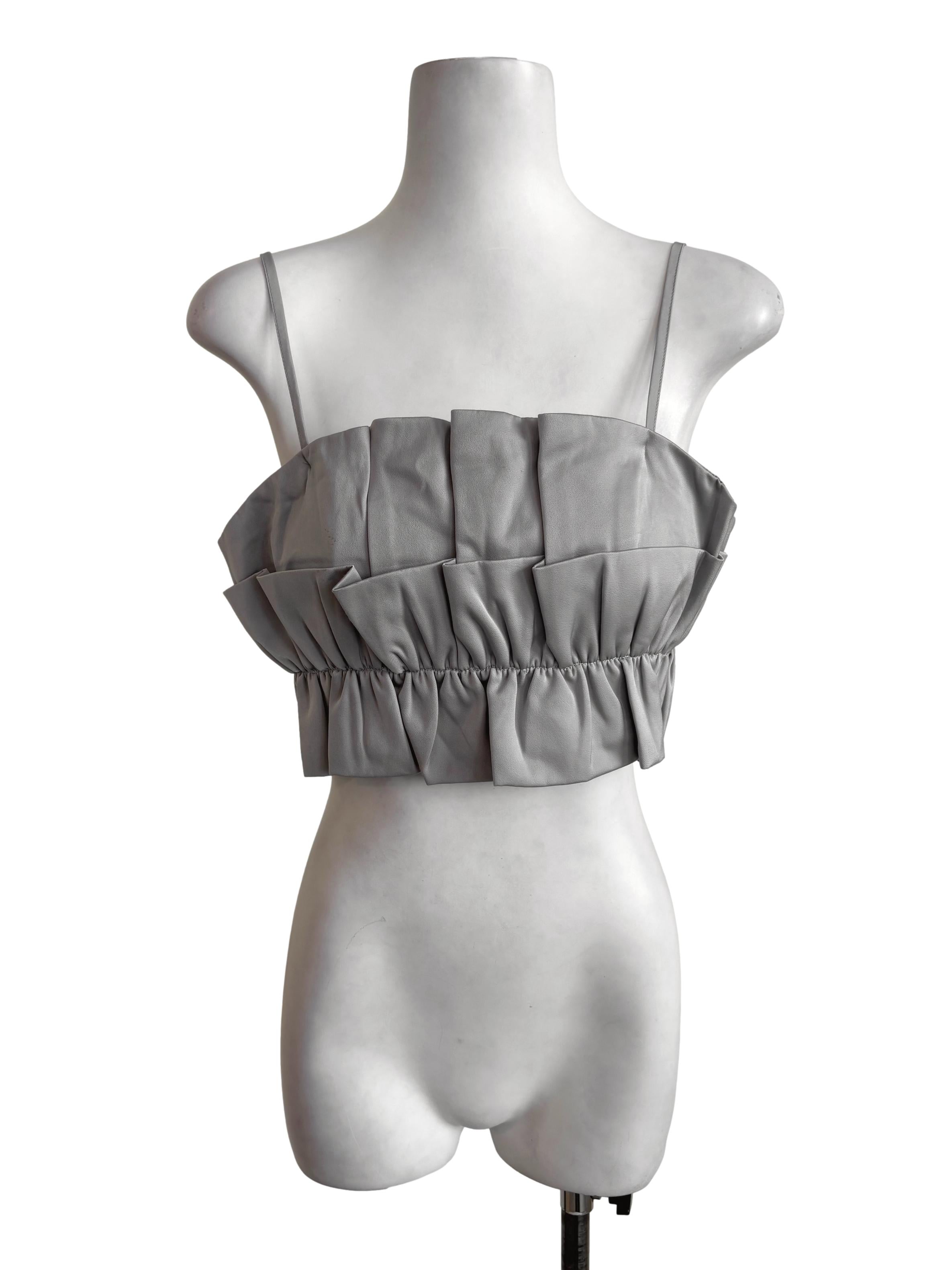 Grey Pleated Ruffle Crop Top